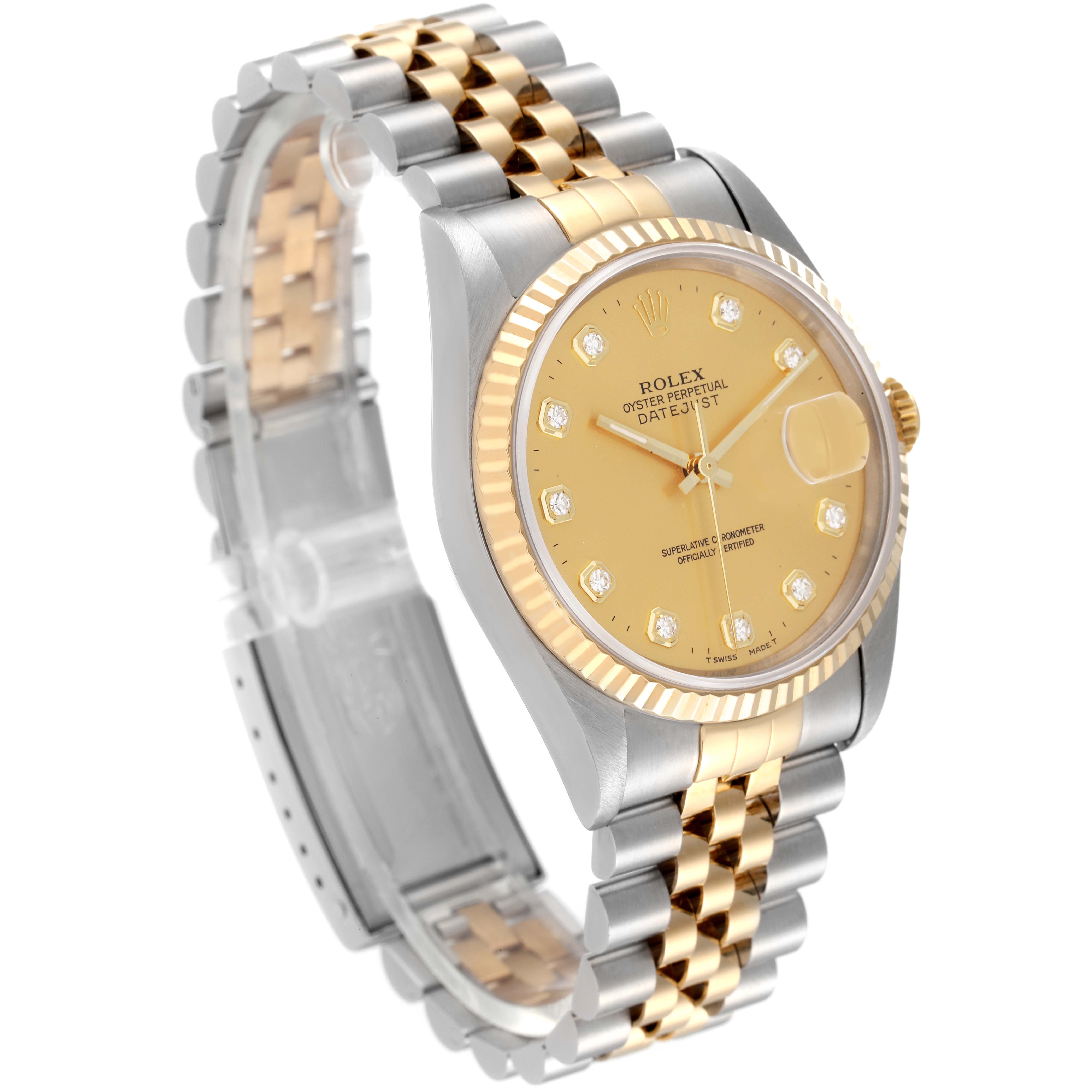 The Rolex Datejust 16233 Men's Steel and Gold (two tone) Champagne Dial 16233 Men's Steel and Gold (two tone) Champagne Dial watch is shown at an angle displaying its face, fluted bezel, and two-tone bracelet.