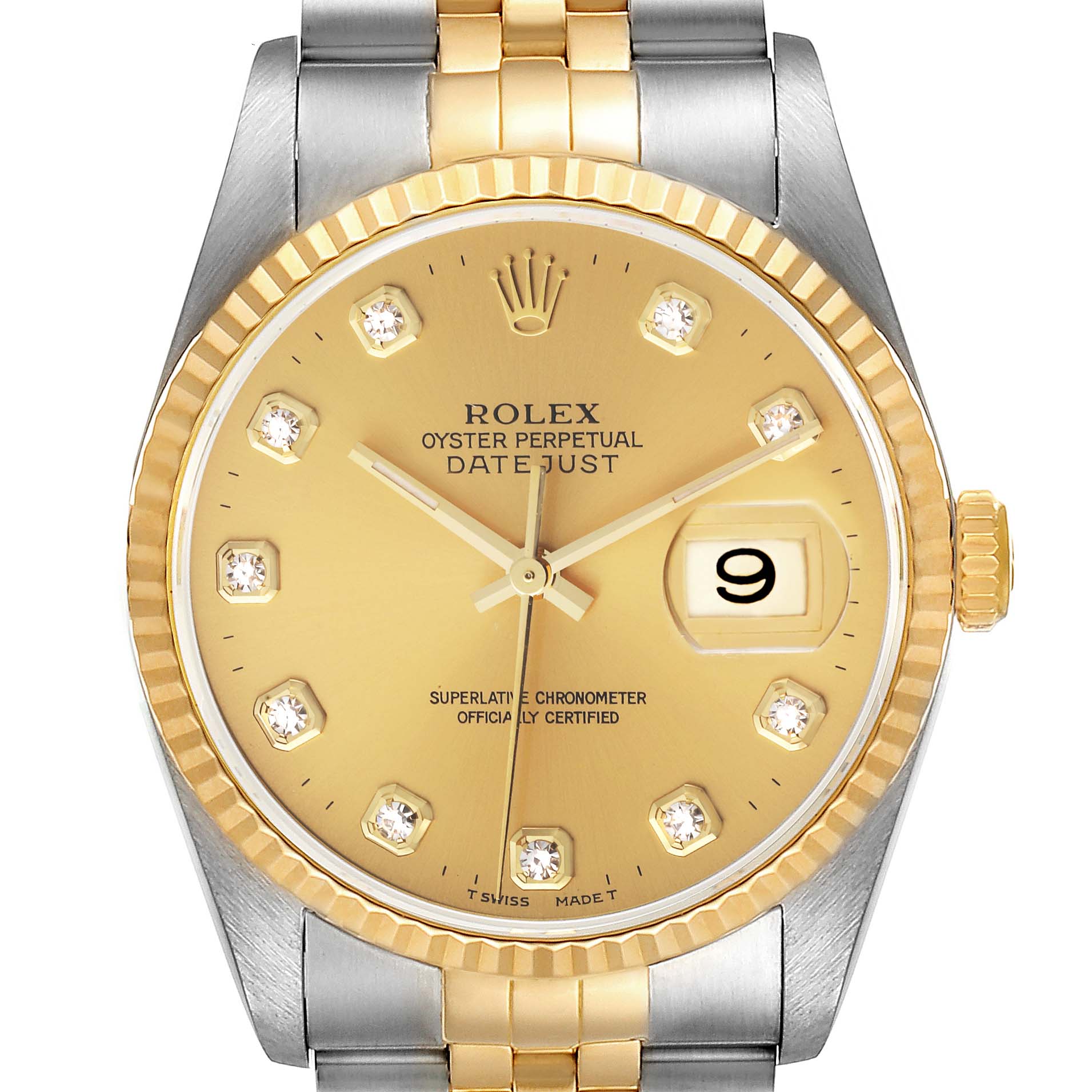 This image shows a Rolex Datejust 16233 Men's Steel and Gold (two tone) Champagne Dial 16233 Men's Steel and Gold (two tone) Champagne Dial watch from a front angle, featuring a gold dial, fluted bezel, and two-tone bracelet.