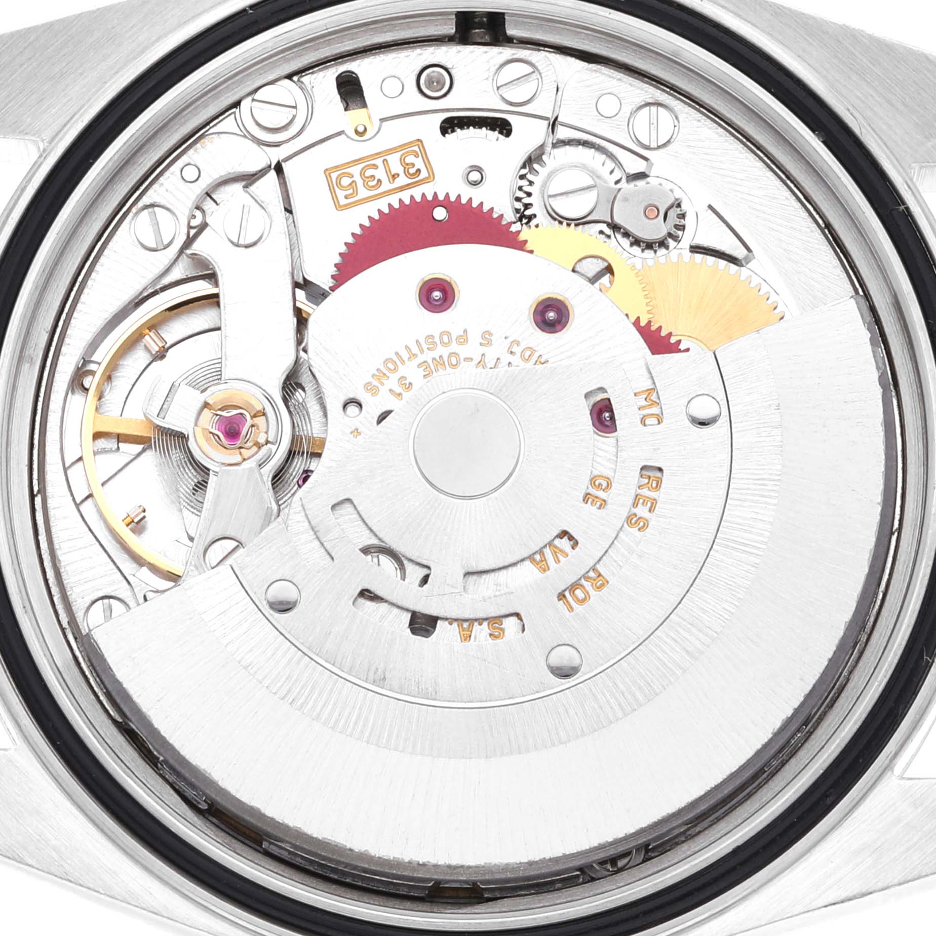 This image shows a close-up of the movement mechanism in a Rolex Datejust 16233 Men's Steel and Gold (two tone) Champagne Dial 16233 Men's Steel and Gold (two tone) Champagne Dial watch, highlighting the gears and intricate components.