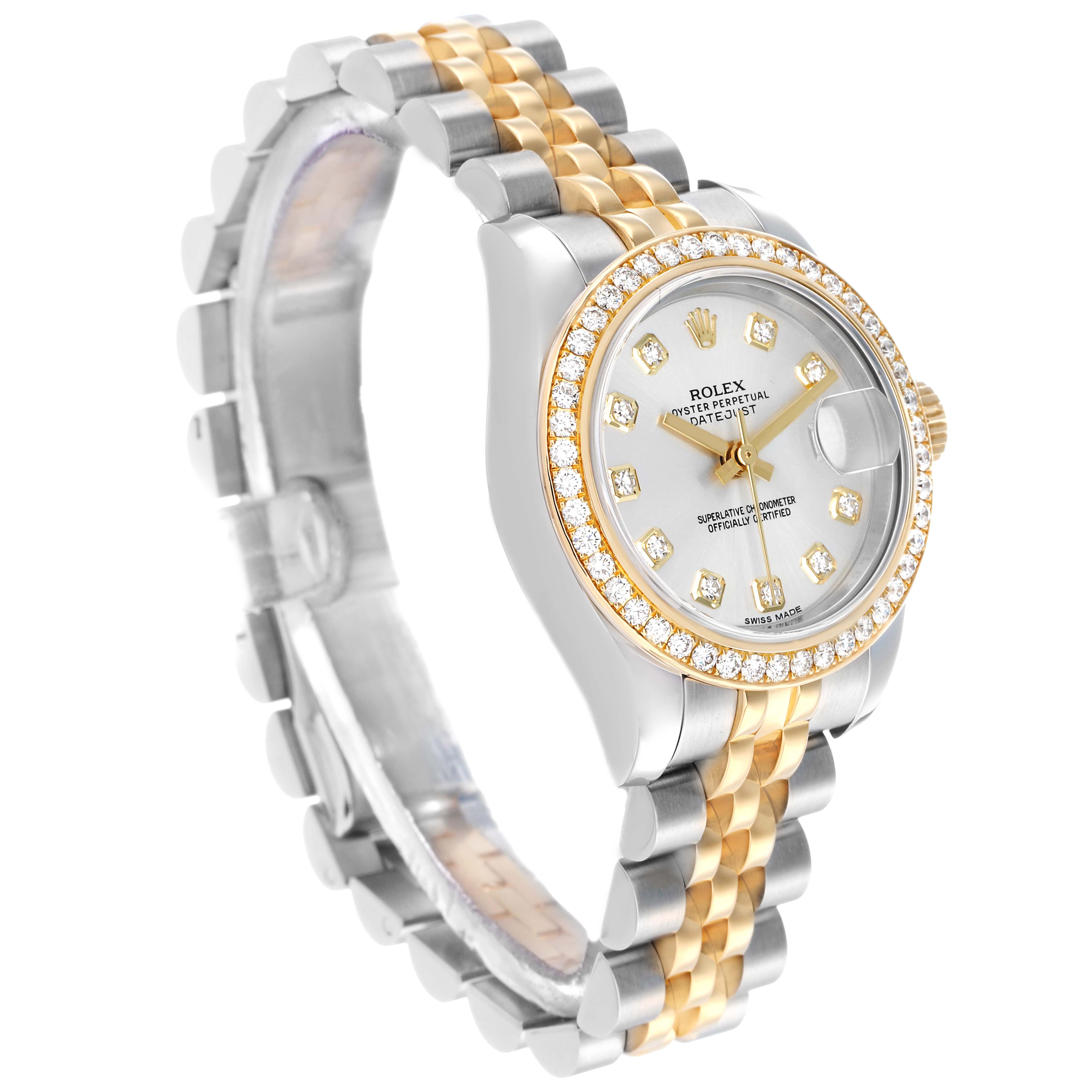 The Rolex Datejust 179383 Women's Steel and Gold (two tone) Silver Dial watch is shown at a three-quarter angle, displaying the dial, bezel, and two-tone bracelet.
