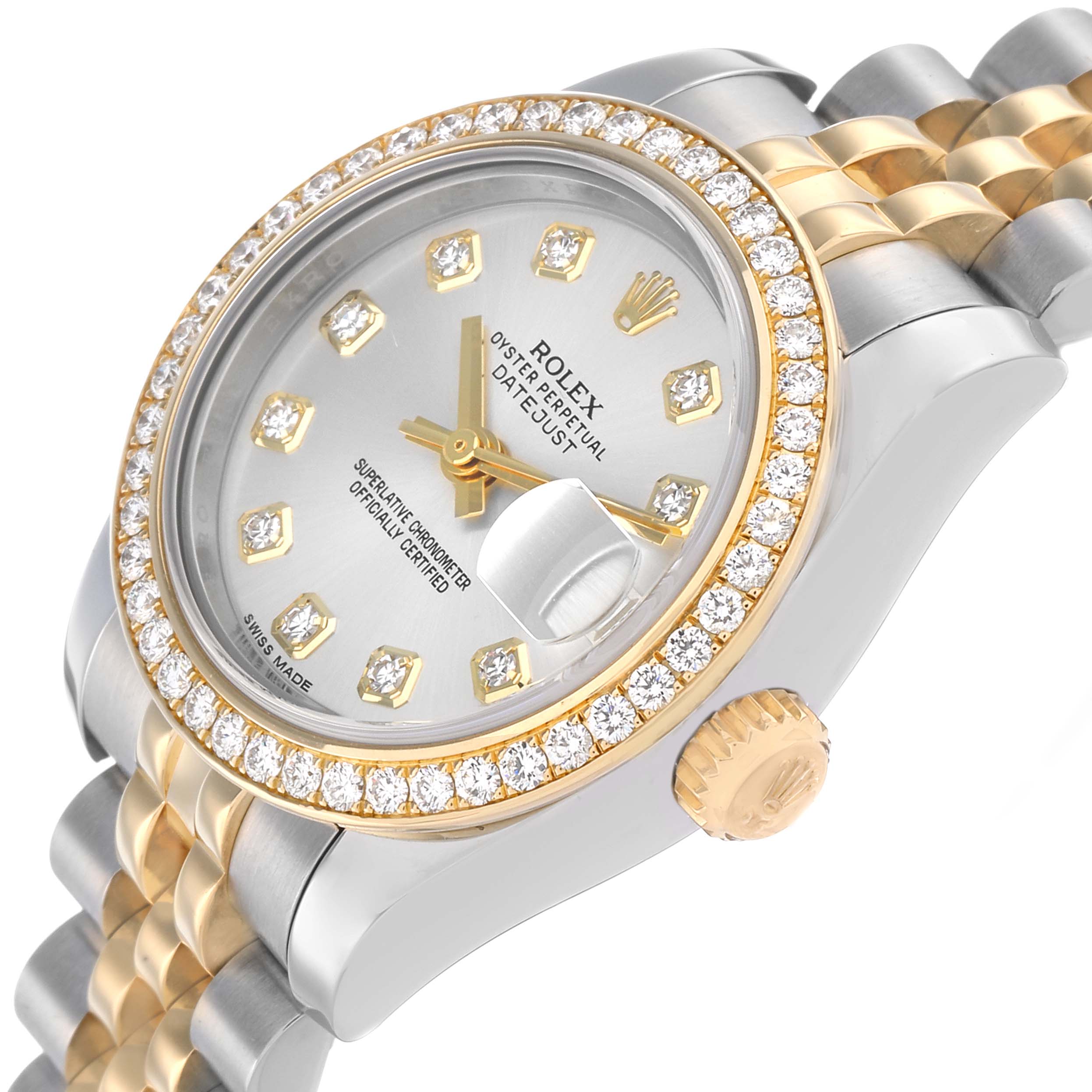 The Rolex Datejust 179383 Women's Steel and Gold (two tone) Silver Dial watch is shown at a three-quarter angle, highlighting the dial, diamond bezel, and two-tone bracelet.