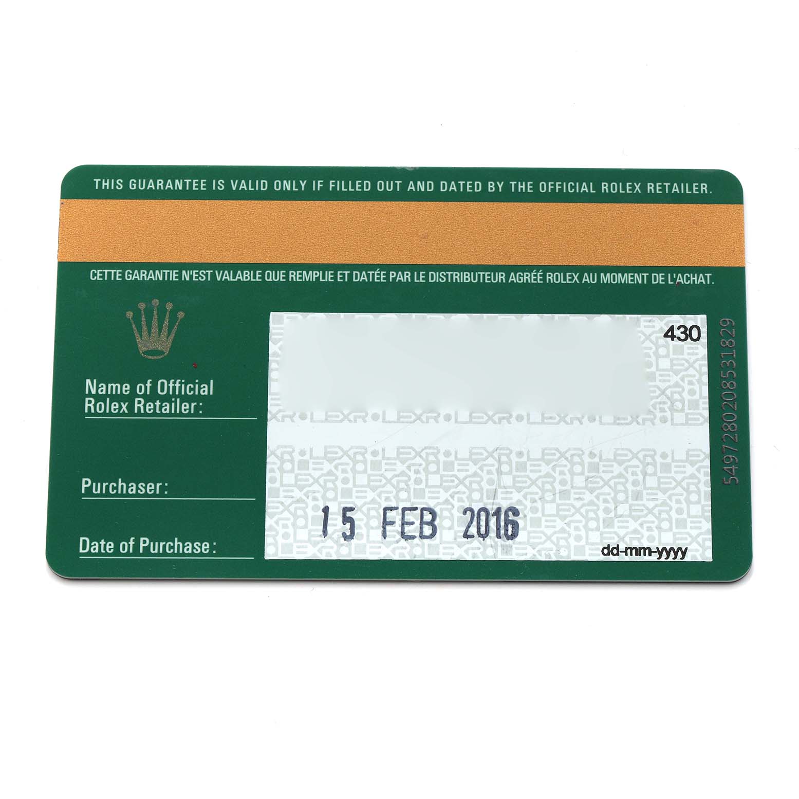 This image shows a flat-lay view of a Rolex Datejust 179383 Women's Steel and Gold (two tone) Silver Dial warranty card, with purchase details and brand insignia visible.