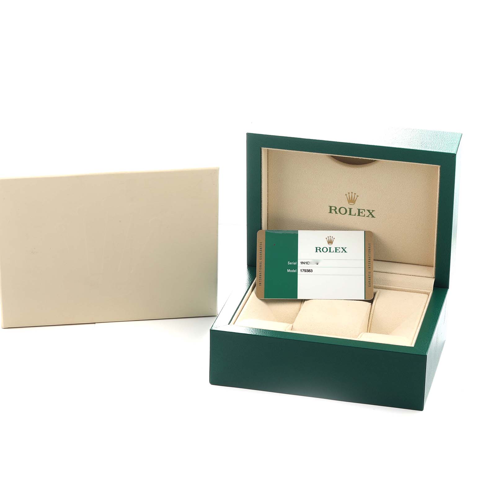 The image shows the box and authenticity card for a Rolex Datejust 179383 Women's Steel and Gold (two tone) Silver Dial watch, viewed from above.