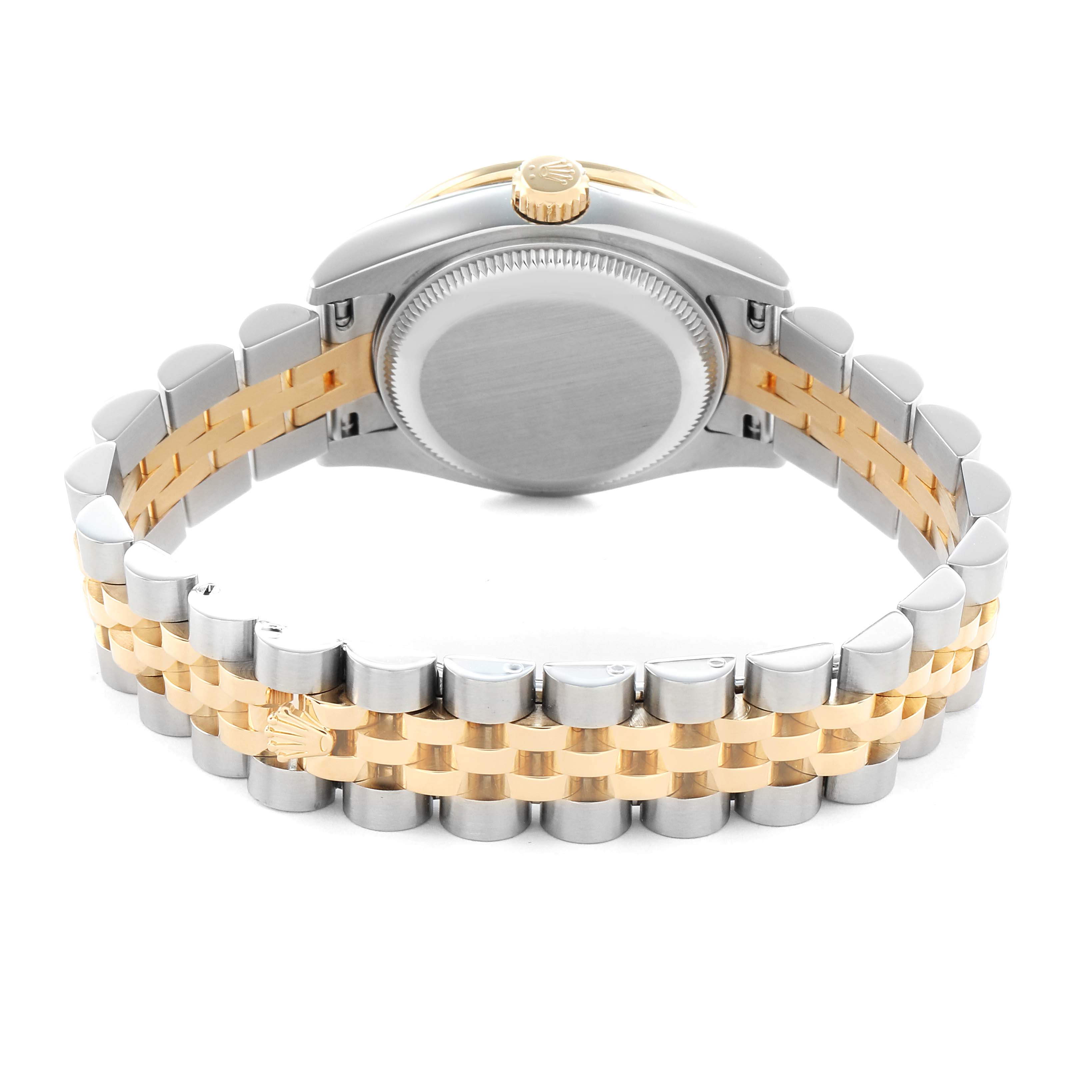 The image shows the back view of a Rolex Datejust 179383 Women's Steel and Gold (two tone) Silver Dial, highlighting its two-tone bracelet and case back.