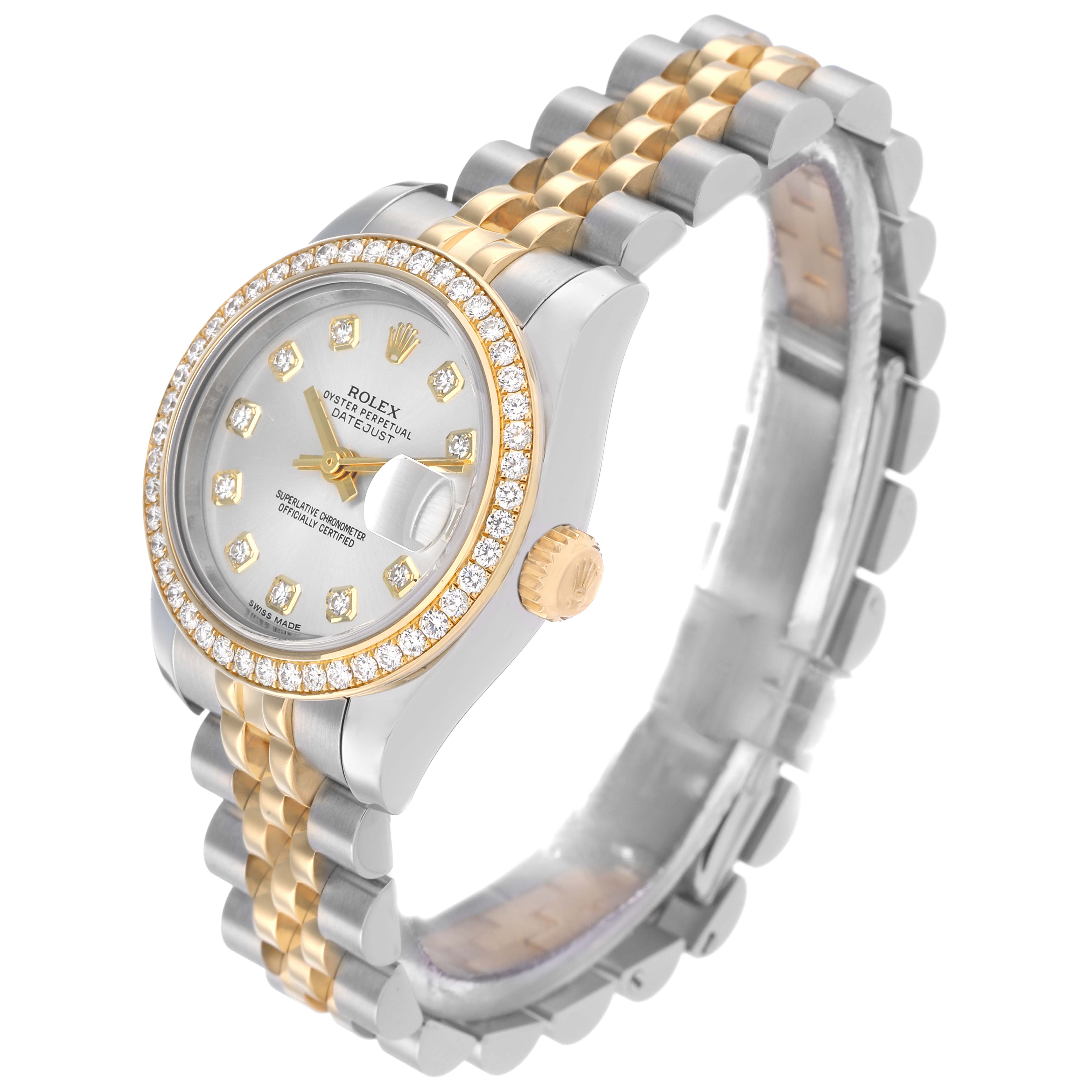 The Rolex Datejust 179383 Women's Steel and Gold (two tone) Silver Dial watch is shown at a three-quarter angle, highlighting the face, bezel, crown, and bracelet.