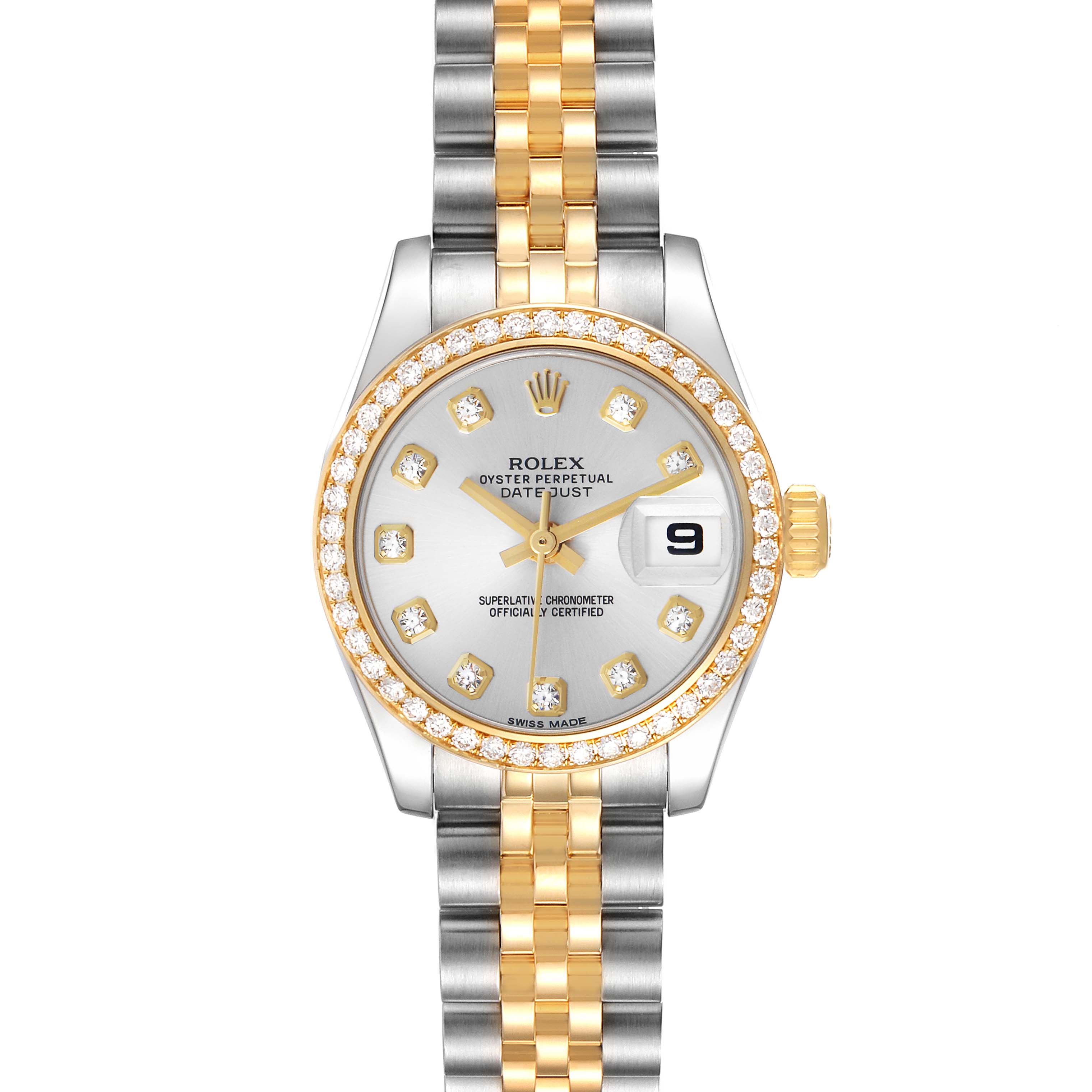 This image shows a front view of the Rolex Datejust 179383 Women's Steel and Gold (two tone) Silver Dial watch, featuring a diamond bezel, gold markers, and a gold-silver bracelet.