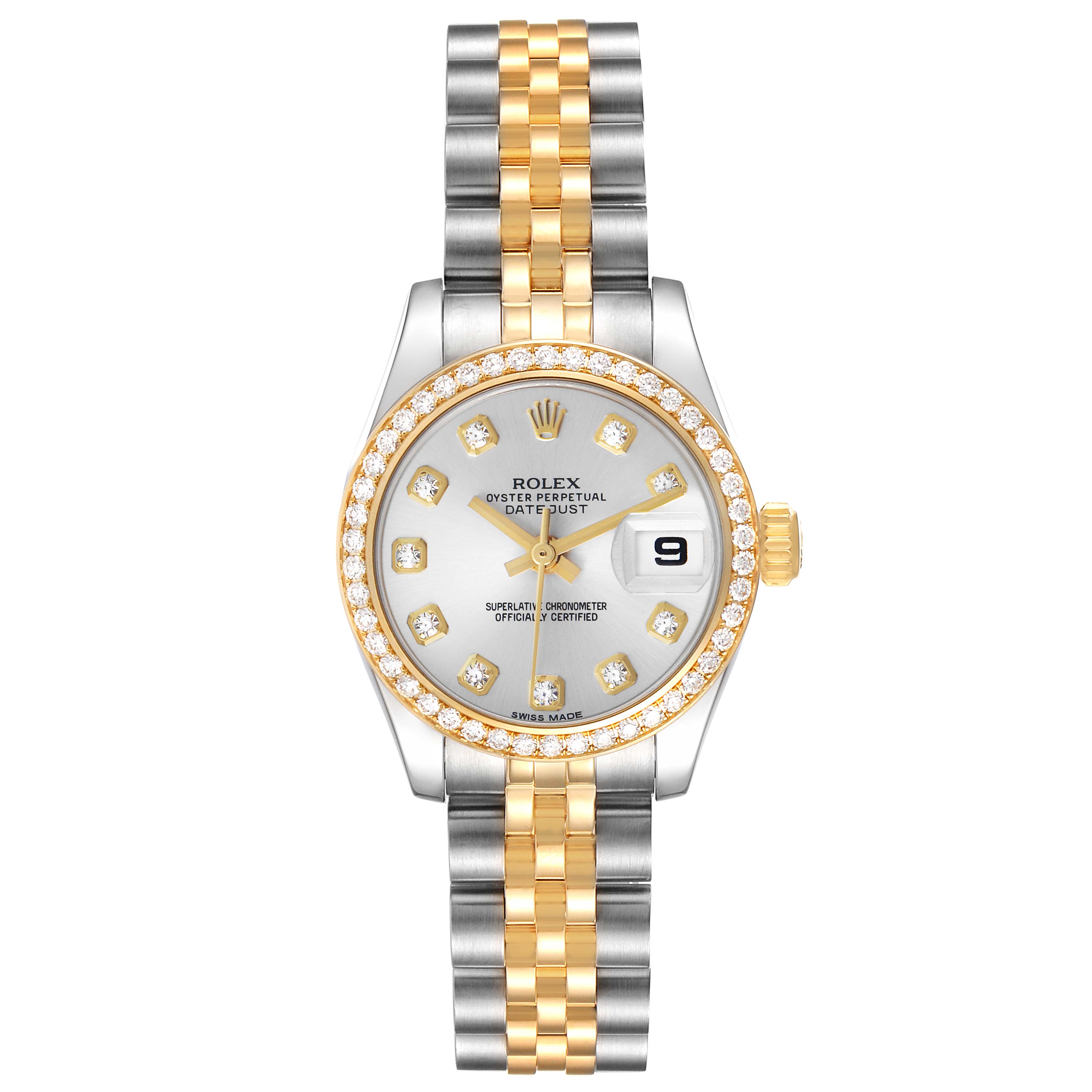 The Rolex Datejust 179383 Women's Steel and Gold (two tone) Silver Dial watch is shown from a top-down angle, highlighting the bezel, dial, bracelet, and crown.