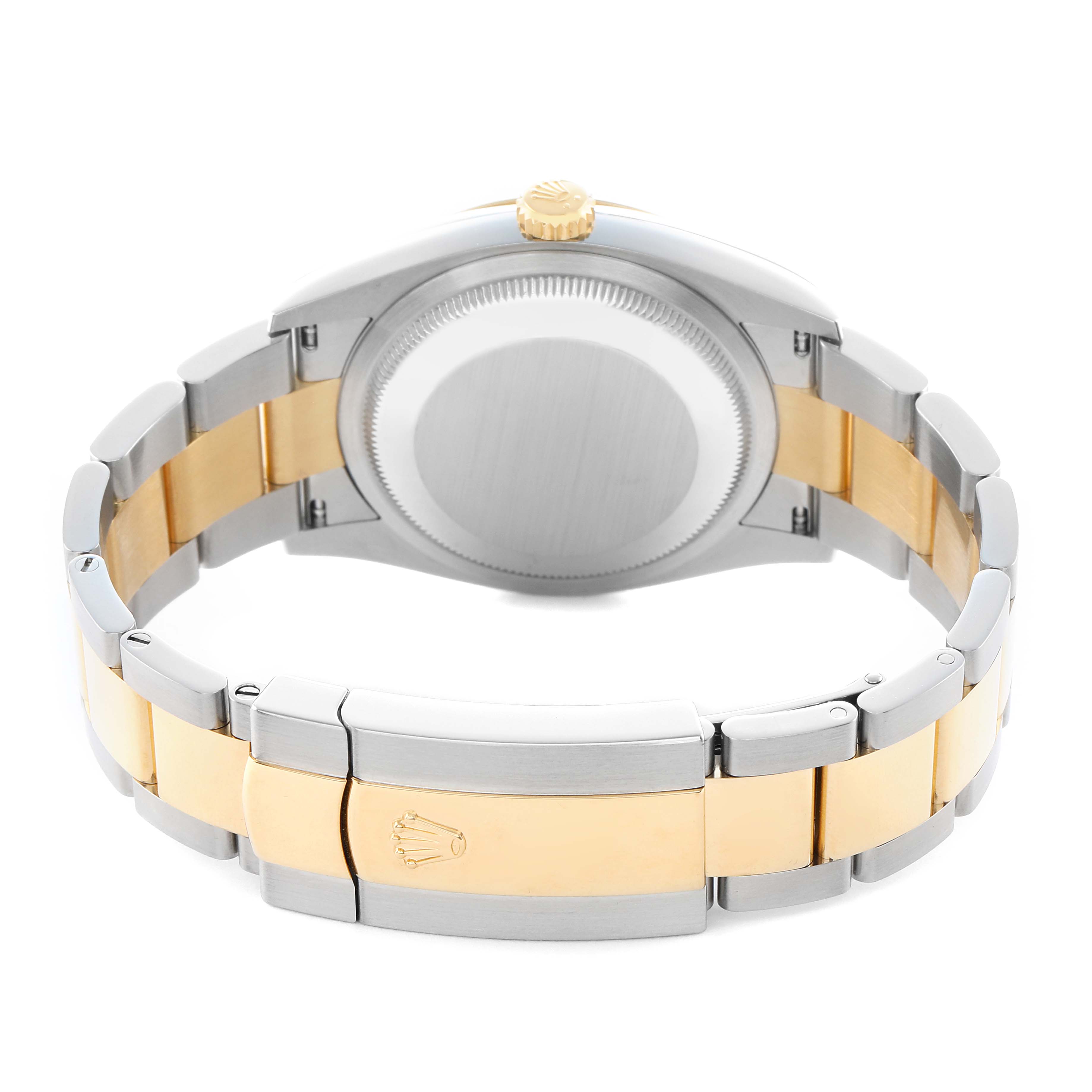 The image shows the back view of a Rolex Datejust 126203 Men
s Steel and Gold (two tone) Silver Dial, highlighting the case back, crown, and two-tone bracelet.