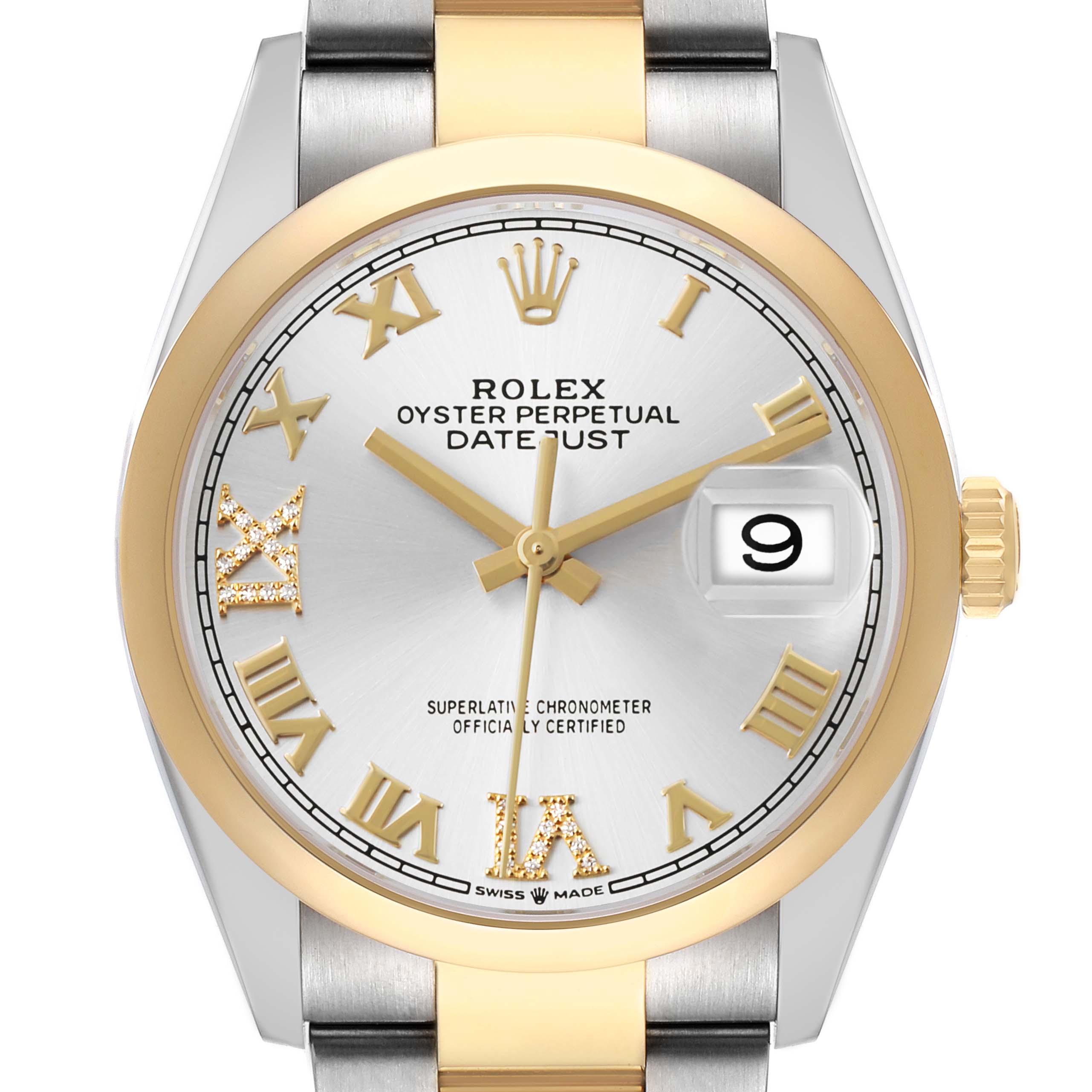 The Rolex Datejust 126203 Men
s Steel and Gold (two tone) Silver Dial watch is shown from the front, displaying the face, bezel, and part of the bracelet.