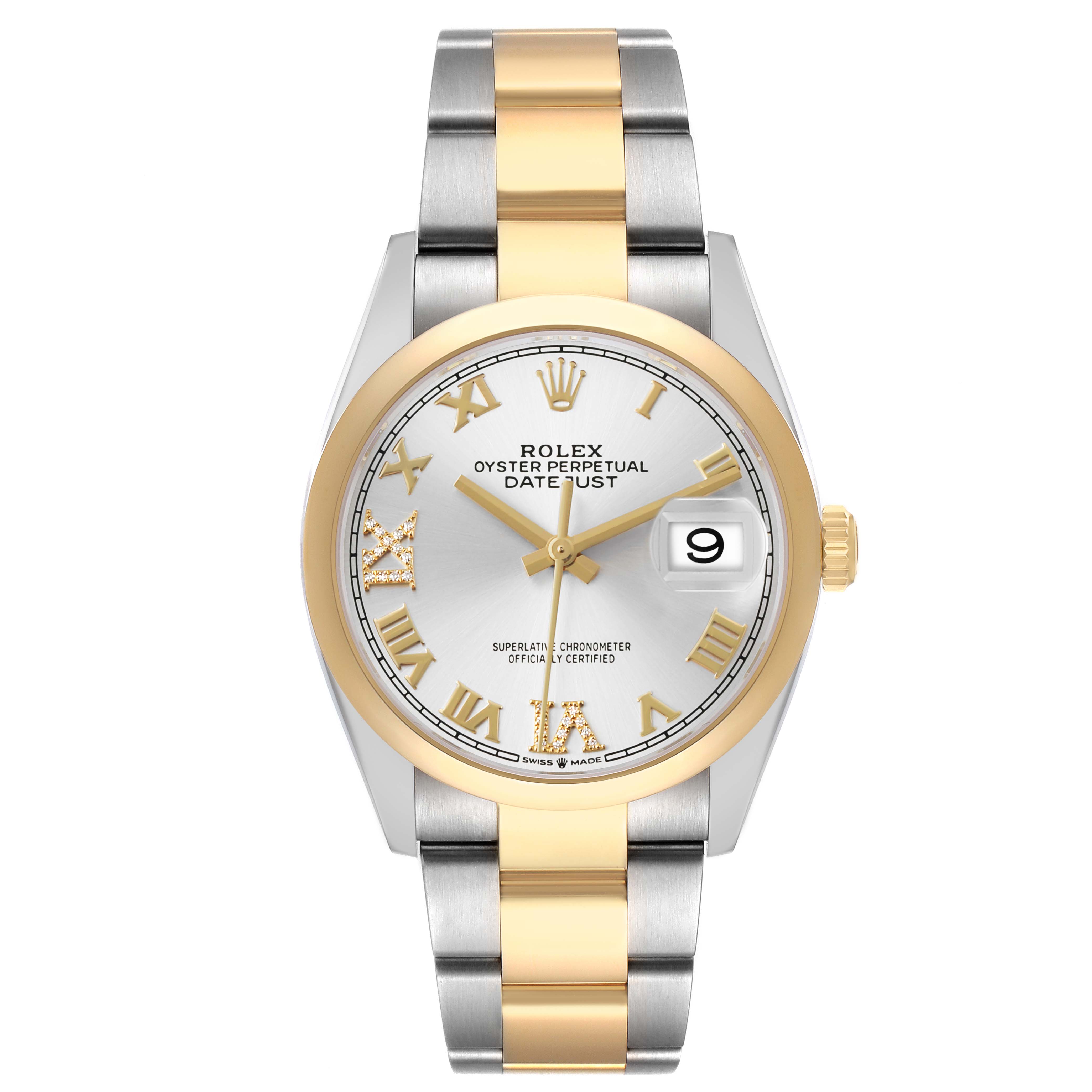 The Rolex Datejust 126203 Men
s Steel and Gold (two tone) Silver Dial watch is shown from a front view, highlighting the dial, bezel, and dual-tone bracelet.