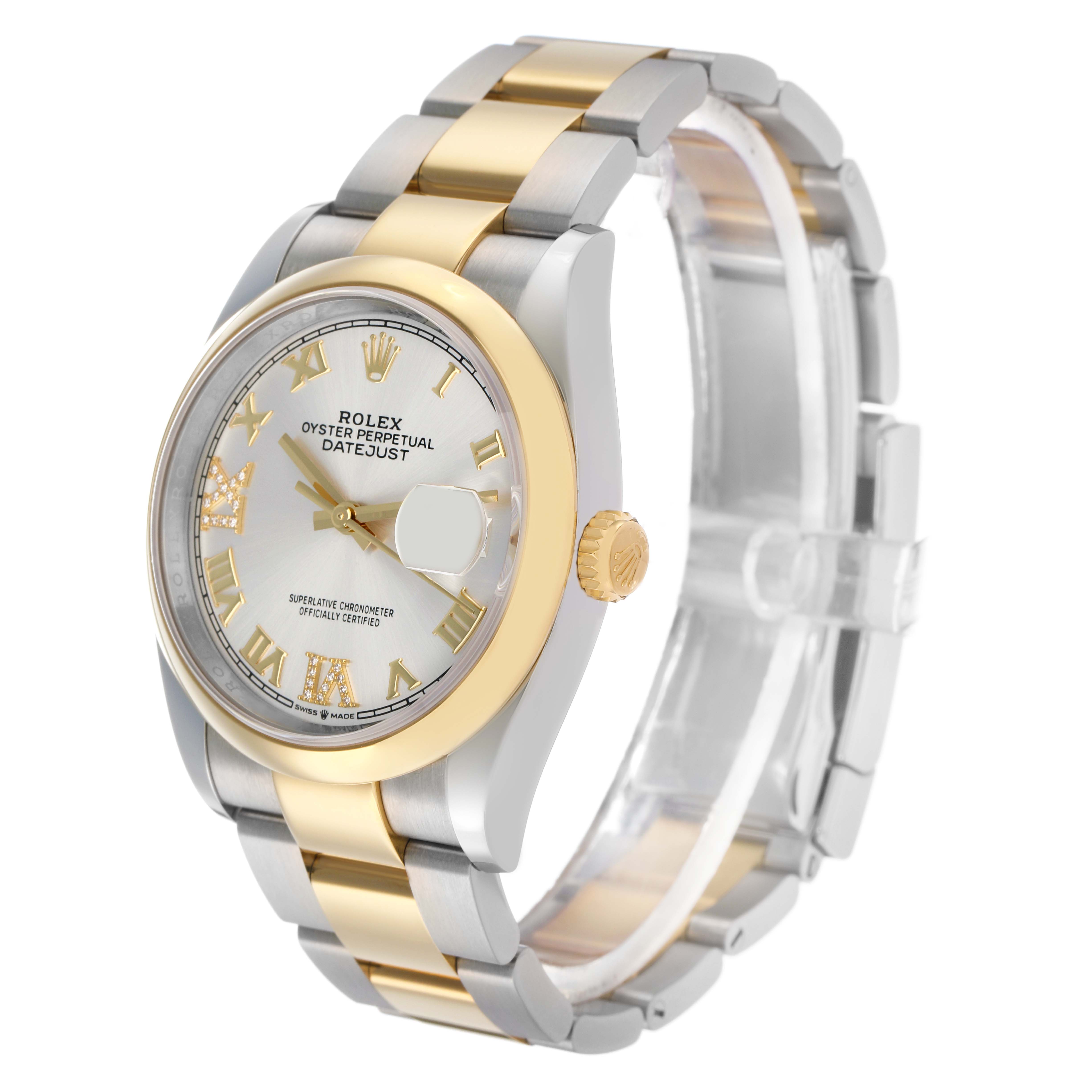 The Rolex Datejust 126203 Men
s Steel and Gold (two tone) Silver Dial watch is shown at a three-quarter angle, highlighting its face, bezel, and two-tone bracelet.