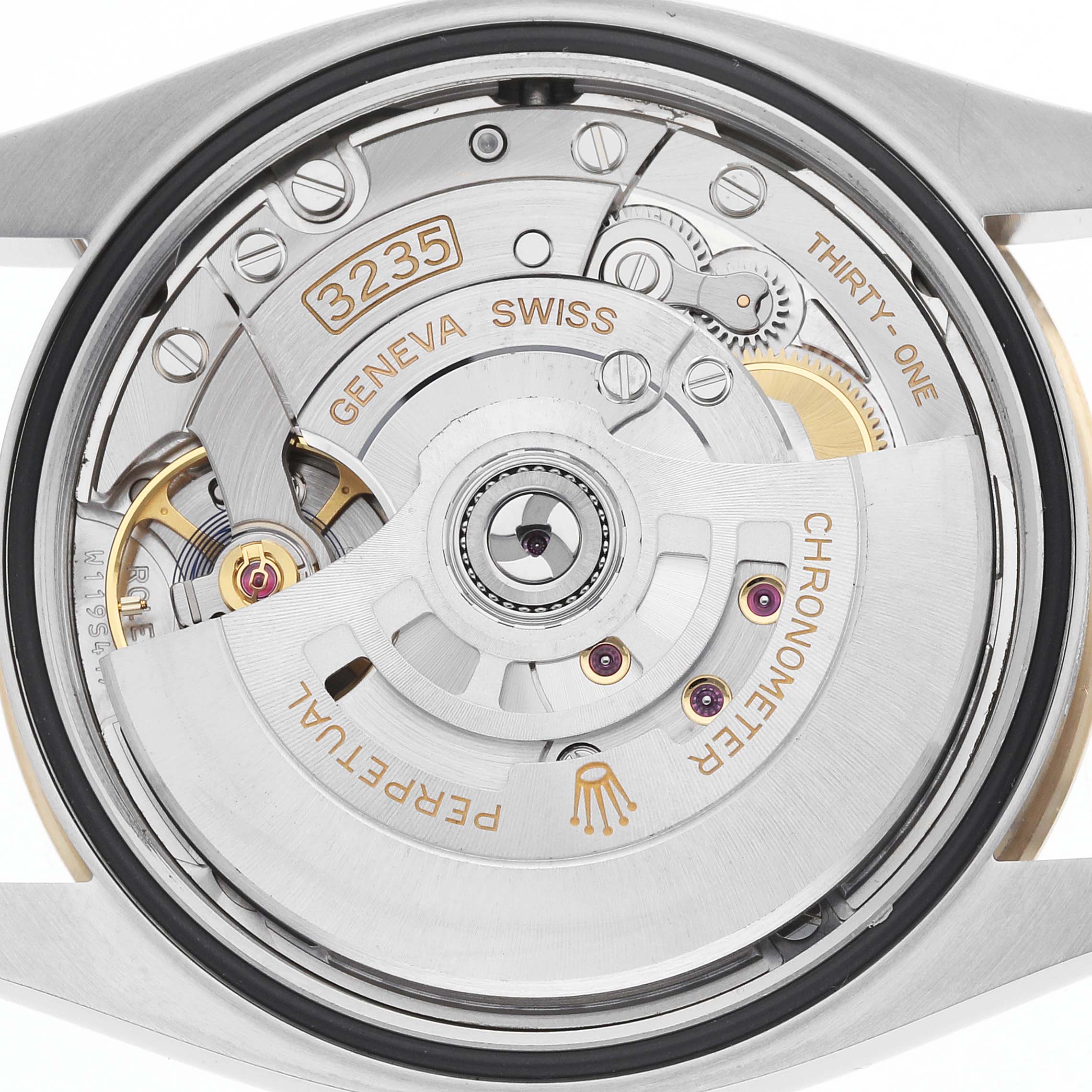 The image shows the movement of a Rolex Datejust 126203 Men
s Steel and Gold (two tone) Silver Dial watch from a top-down angle, highlighting the rotor, gears, and caliber details.