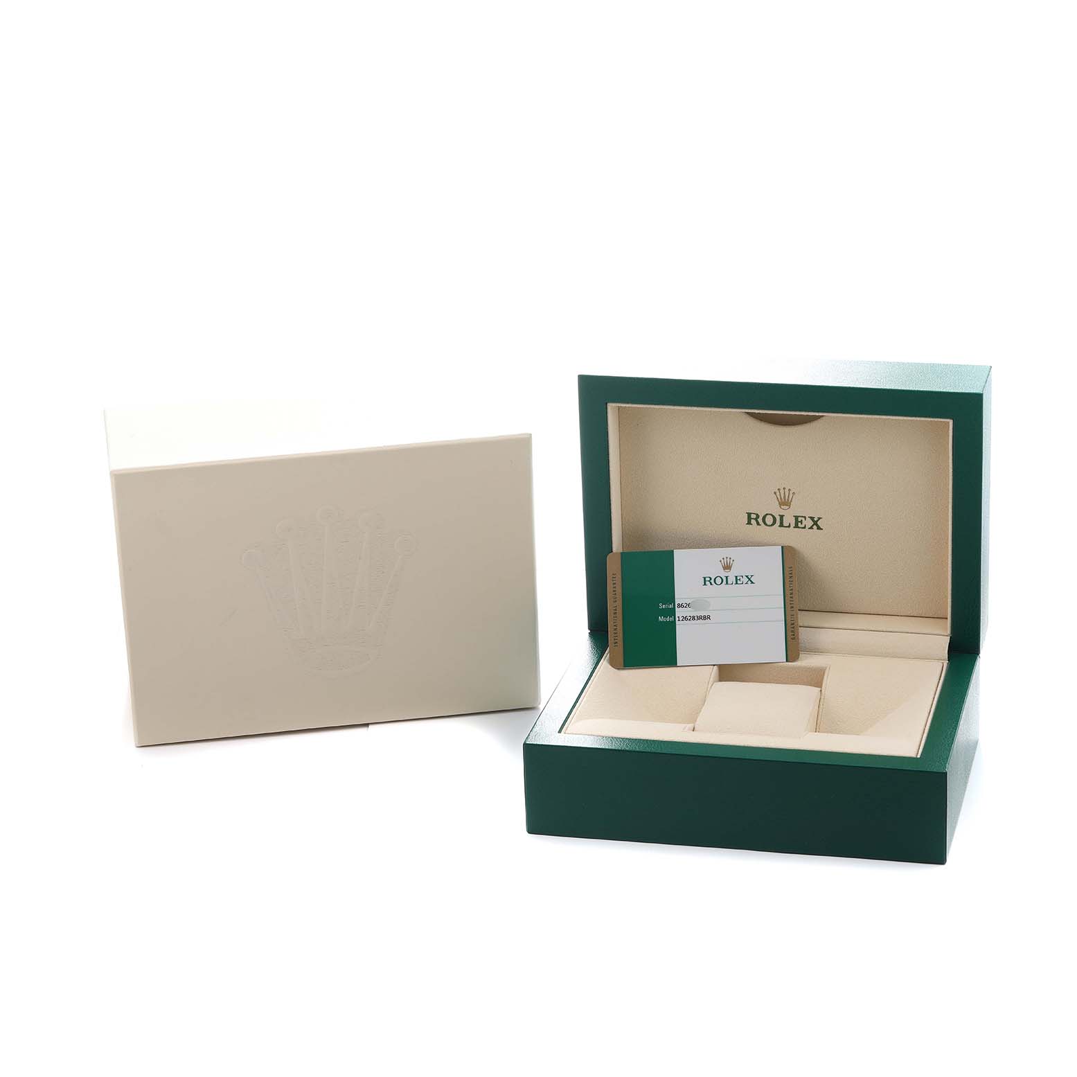 The image shows a Rolex Datejust 126283 Men's Steel and Gold (two tone) Mother of Pearl Dial box, open with padded interior, and a warranty card inside.