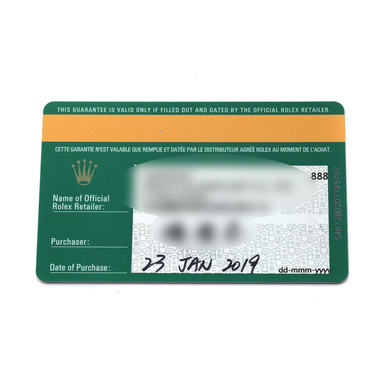 This image shows a warranty card for a Rolex Datejust 126283 Men's Steel and Gold (two tone) Mother of Pearl Dial watch, with purchase details and a serial number.