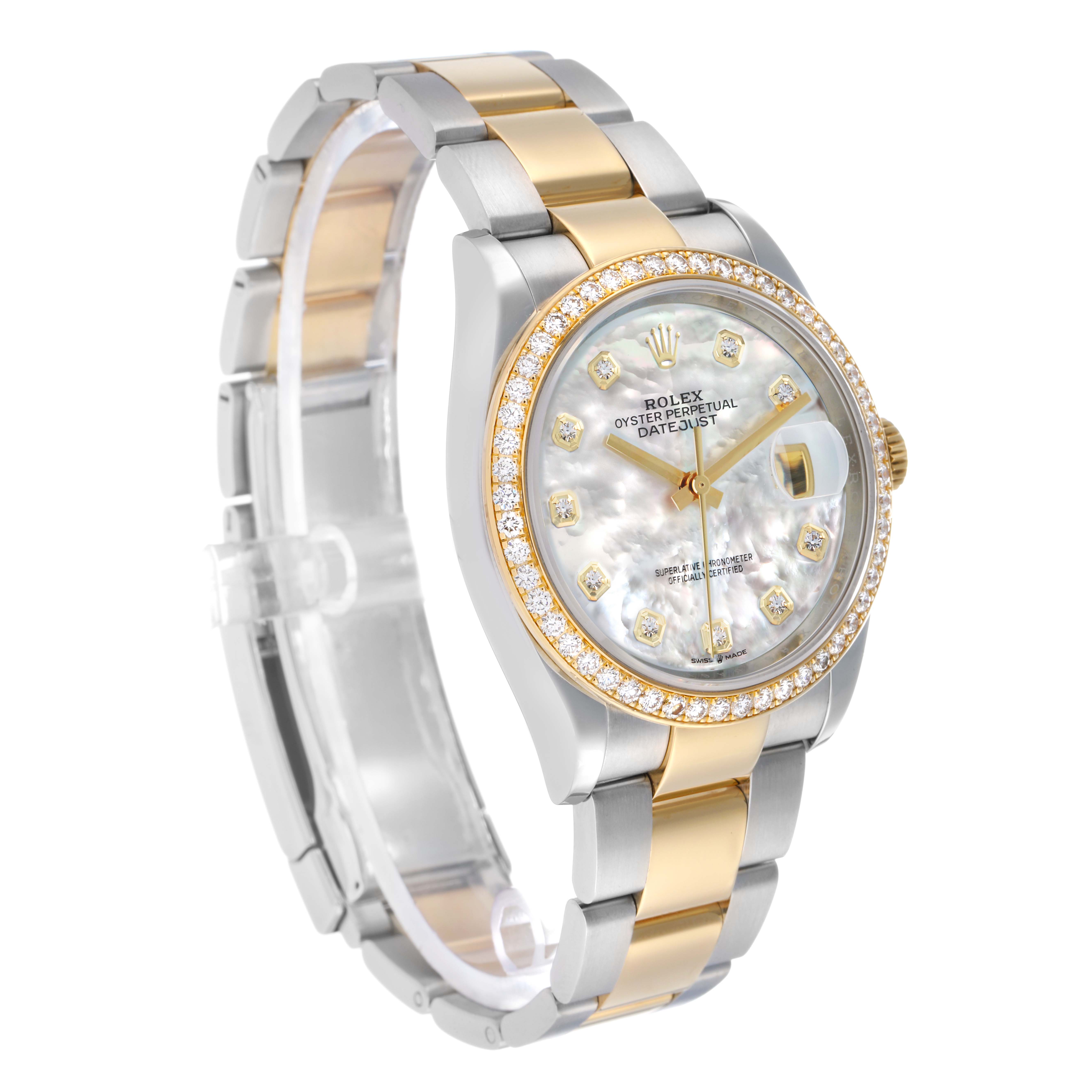 The Rolex Datejust 126283 Men's Steel and Gold (two tone) Mother of Pearl Dial watch is shown at a three-quarter angle, highlighting the face, bezel, and two-tone bracelet.