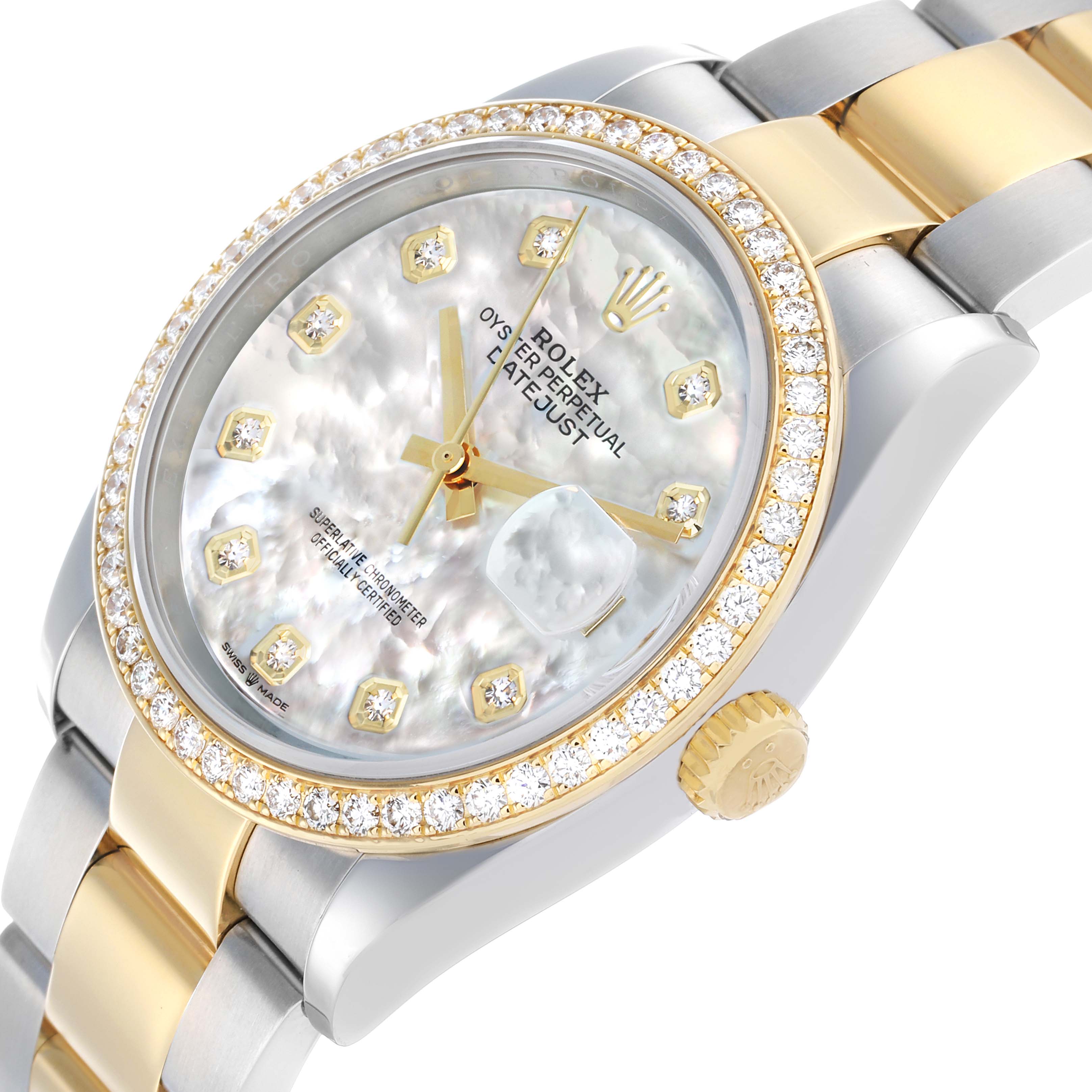 The Rolex Datejust 126283 Men's Steel and Gold (two tone) Mother of Pearl Dial is shown at an angle highlighting the bezel, dial, crown, and part of the bracelet.