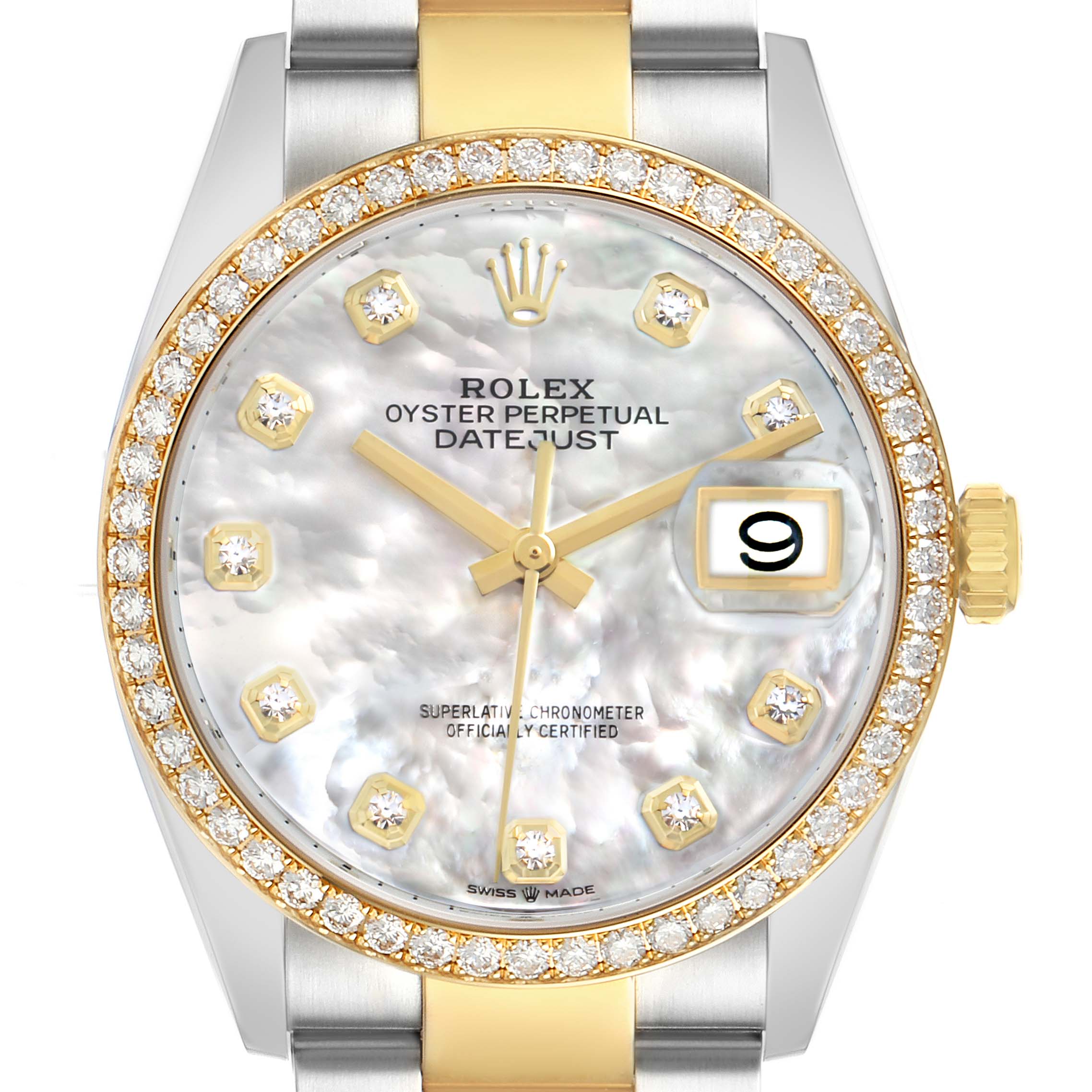 The Rolex Datejust 126283 Men's Steel and Gold (two tone) Mother of Pearl Dial watch is shown from a frontal angle, highlighting its diamond bezel, dial, and crown.
