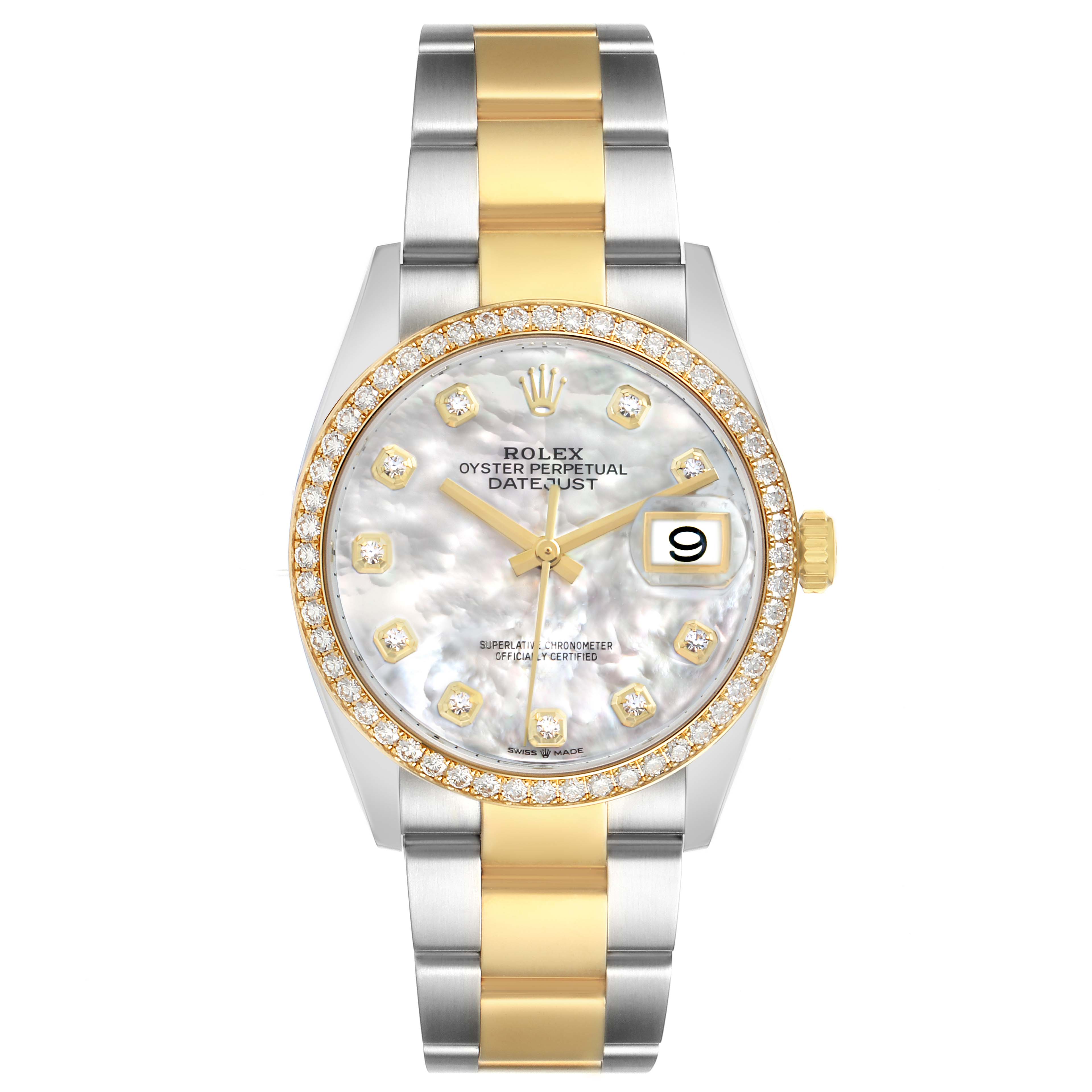 The Rolex Datejust 126283 Men's Steel and Gold (two tone) Mother of Pearl Dial is shown from a top-down angle, displaying the face, bezel, and bracelet.