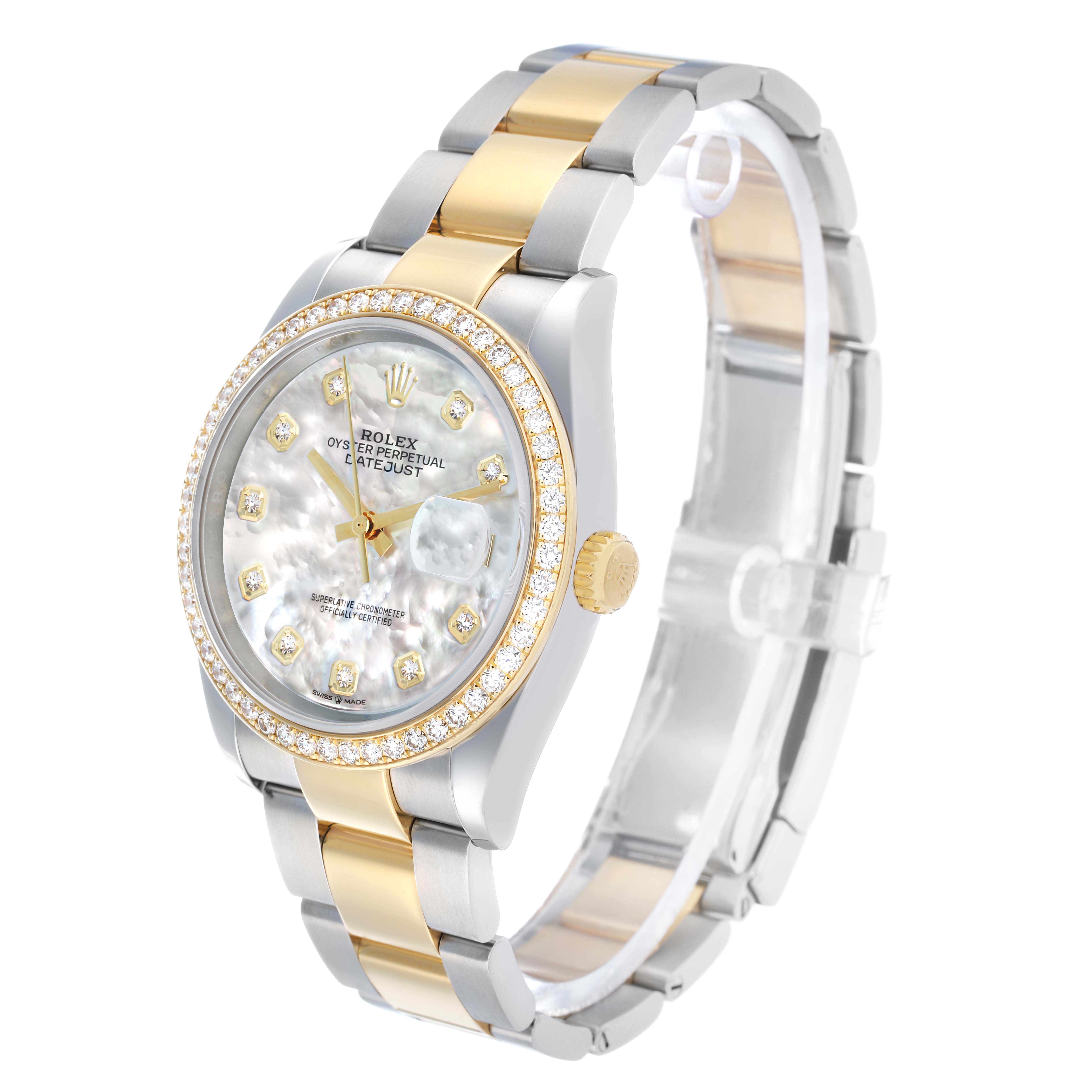 The Rolex Datejust 126283 Men's Steel and Gold (two tone) Mother of Pearl Dial watch is shown at a slight angle displaying the face, bezel, crown, and two-tone bracelet.