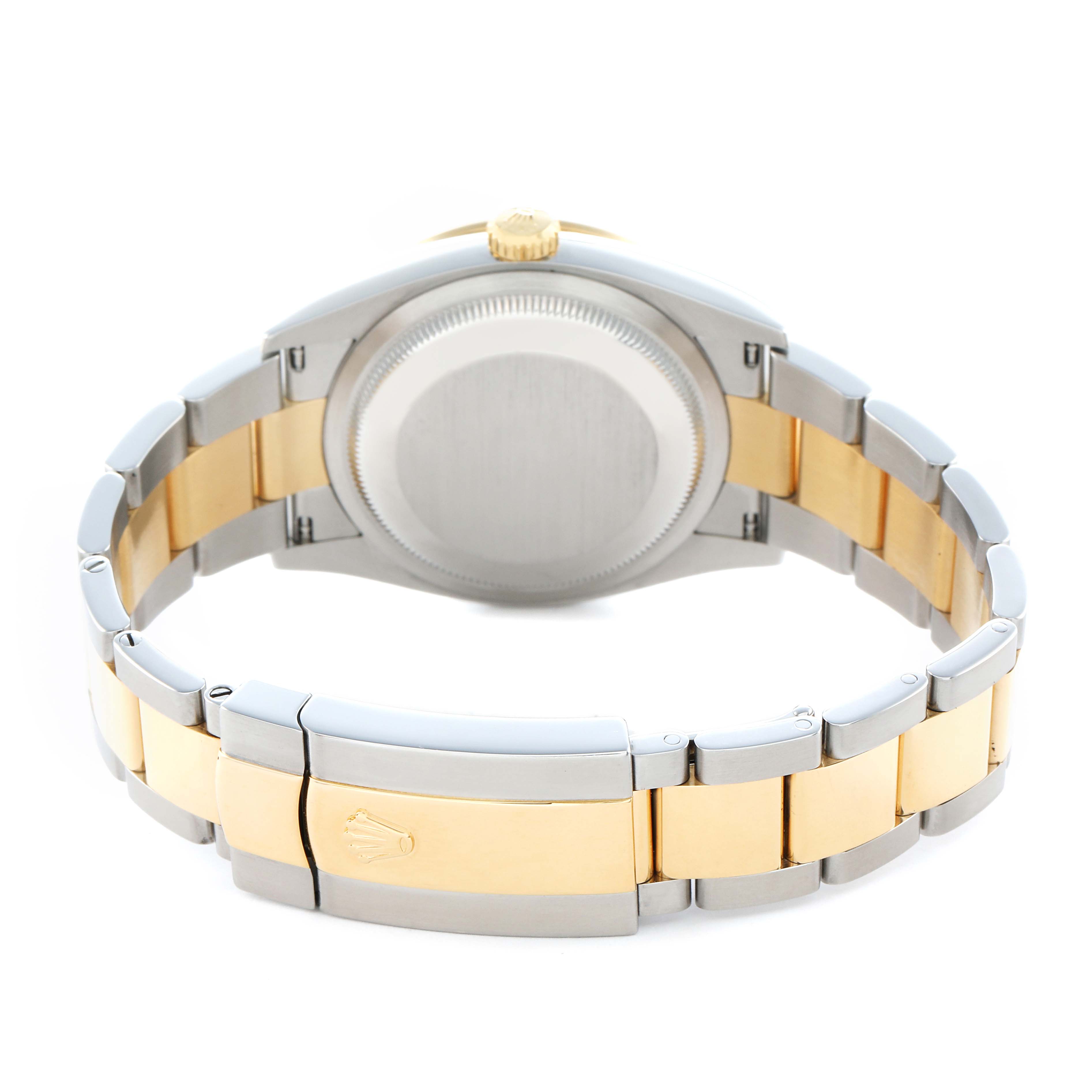 The image shows the back of a Rolex Datejust 126283 Men's Steel and Gold (two tone) Mother of Pearl Dial watch, focusing on the two-tone bracelet and the closed clasp.