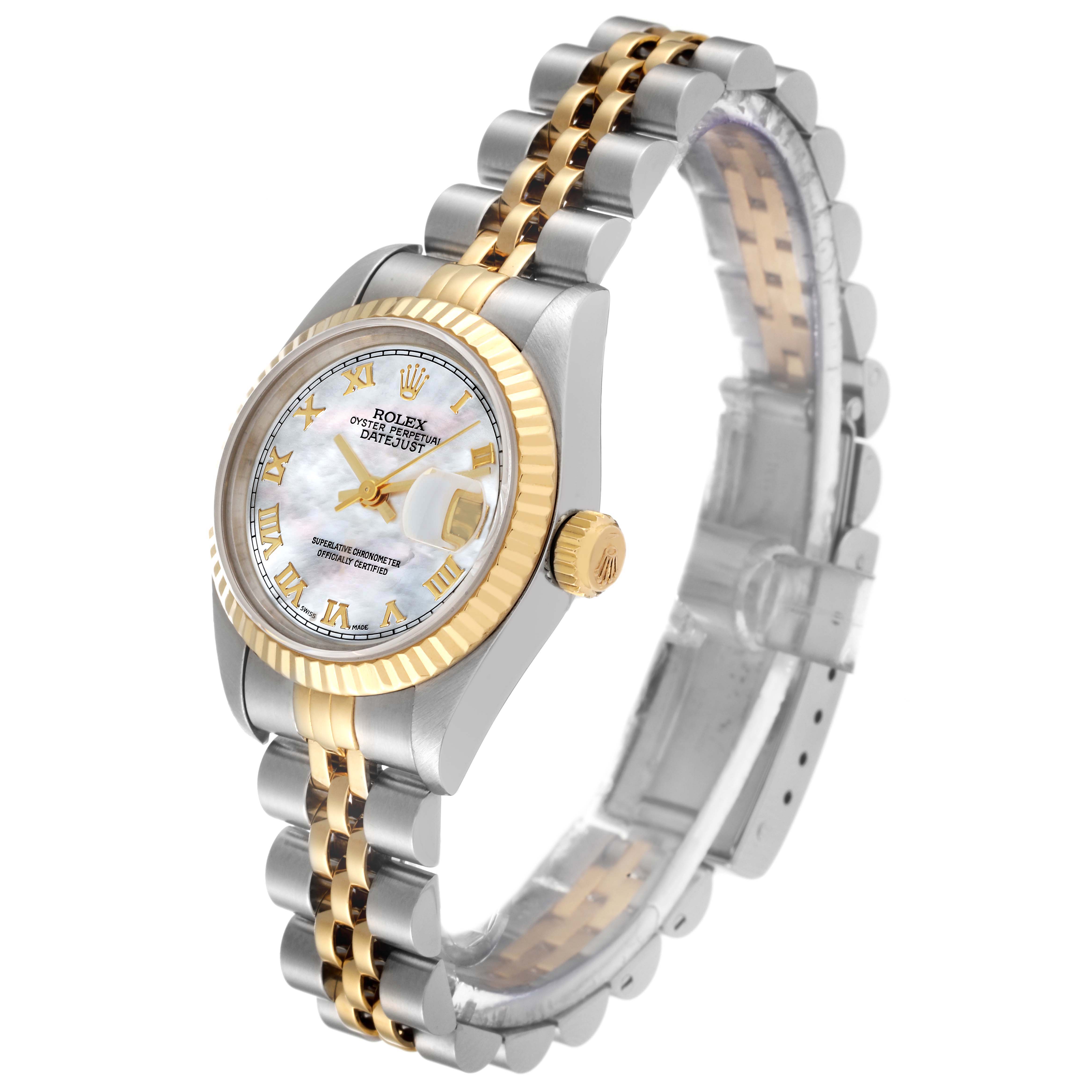 The Rolex Datejust 69173 Women's Steel and Gold (two tone) Mother of Pearl Dial 69173 Women's Steel and Gold (two tone) Mother of Pearl Dial watch is shown at an angle displaying the face, bezel, crown, and two-tone bracelet.
