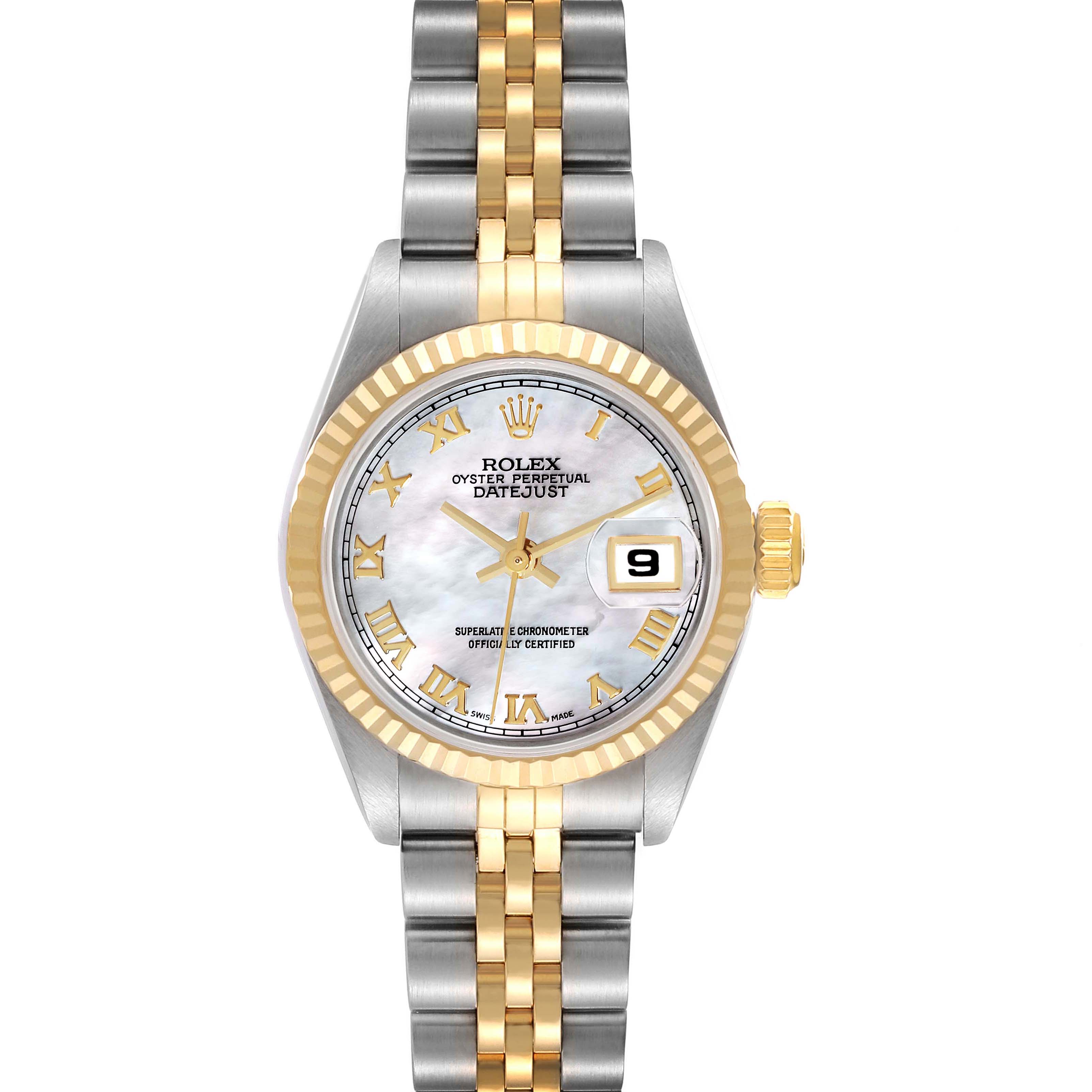The image shows a Rolex Datejust 69173 Women's Steel and Gold (two tone) Mother of Pearl Dial 69173 Women's Steel and Gold (two tone) Mother of Pearl Dial watch, featuring a gold and silver two-tone bracelet, fluted bezel, white dial, and date display.