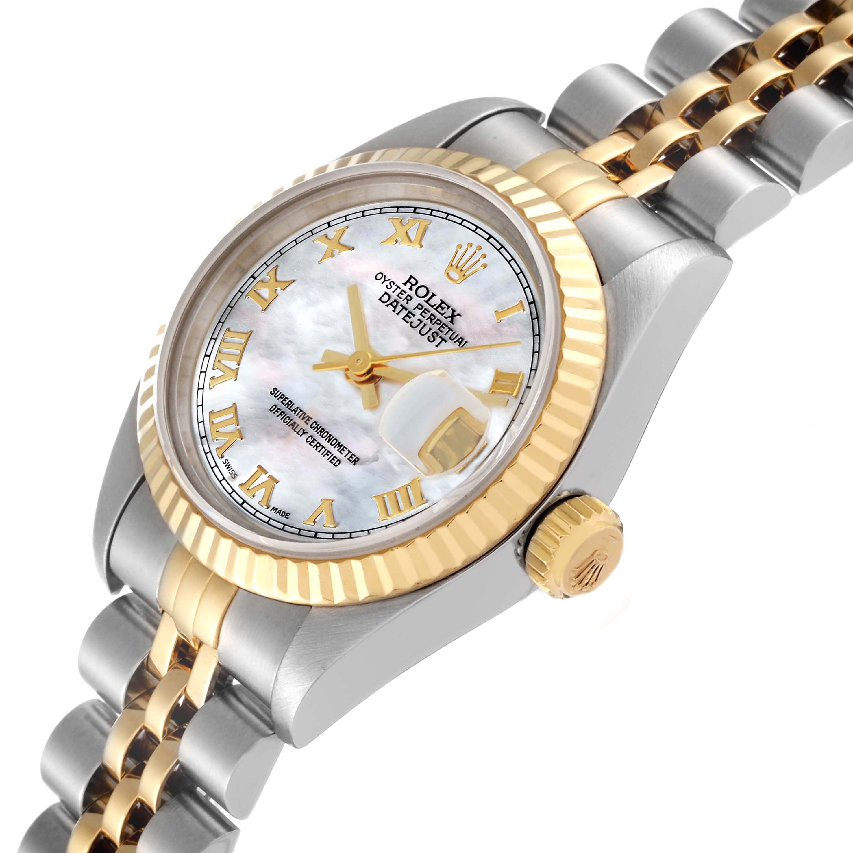 The image shows a close-up view of a Rolex Datejust 69173 Women's Steel and Gold (two tone) Mother of Pearl Dial 69173 Women's Steel and Gold (two tone) Mother of Pearl Dial watch, highlighting the dial, crown, and two-tone bracelet.