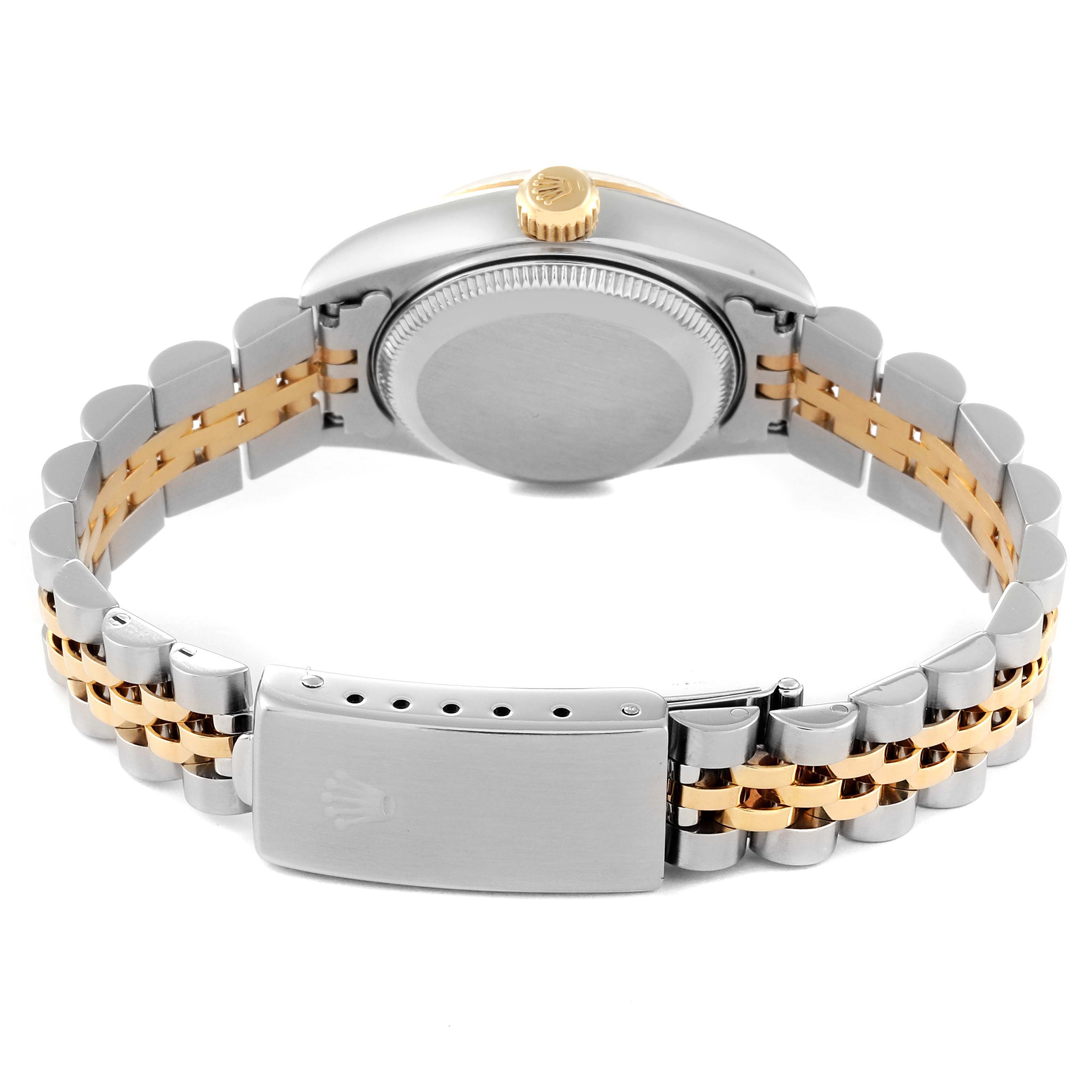 This image shows the back of a Rolex Datejust 69173 Women's Steel and Gold (two tone) Mother of Pearl Dial 69173 Women's Steel and Gold (two tone) Mother of Pearl Dial watch, including the case back, bracelet, and clasp.