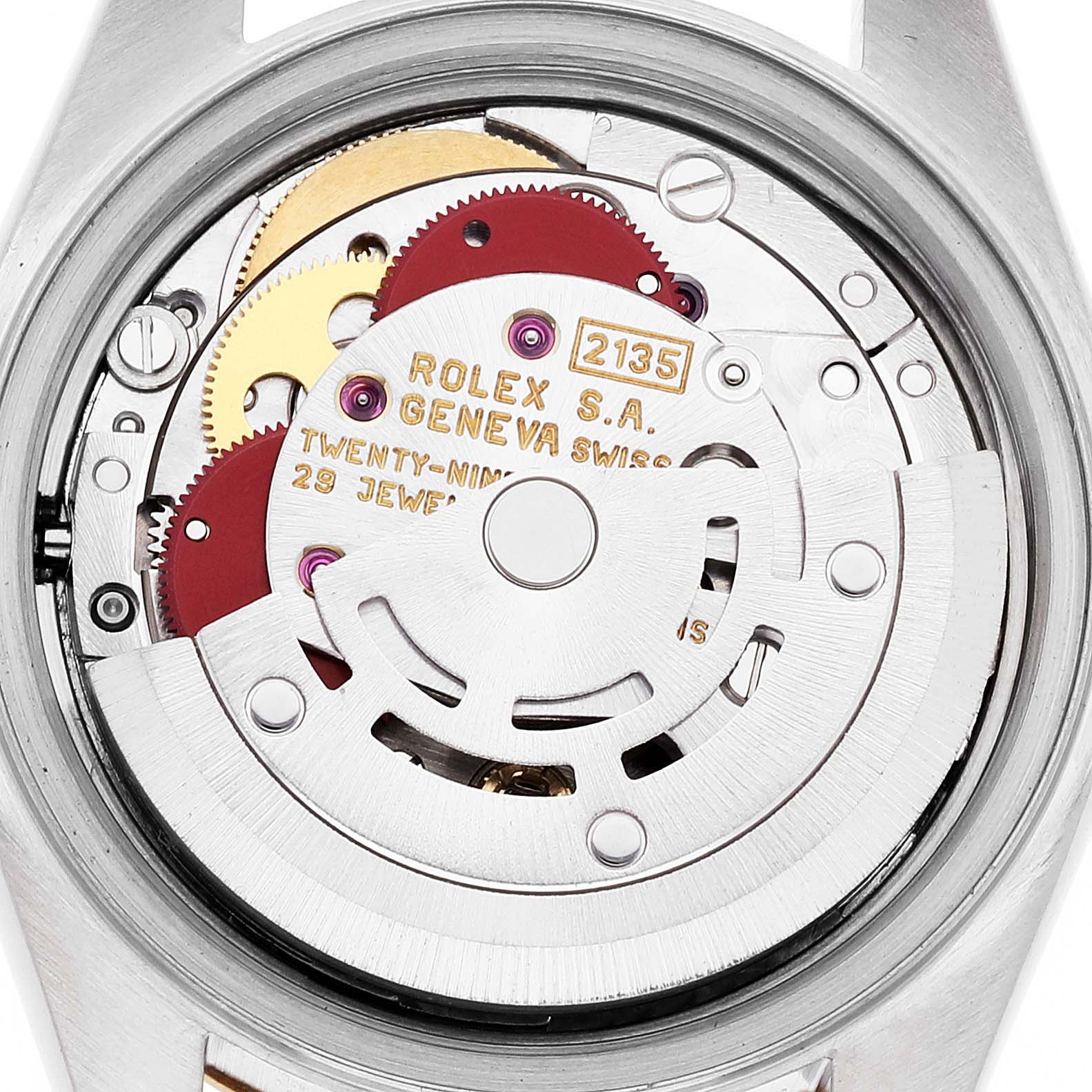 The image shows the intricate mechanical movement of a Rolex Datejust 69173 Women's Steel and Gold (two tone) Mother of Pearl Dial 69173 Women's Steel and Gold (two tone) Mother of Pearl Dial watch viewed from the back.