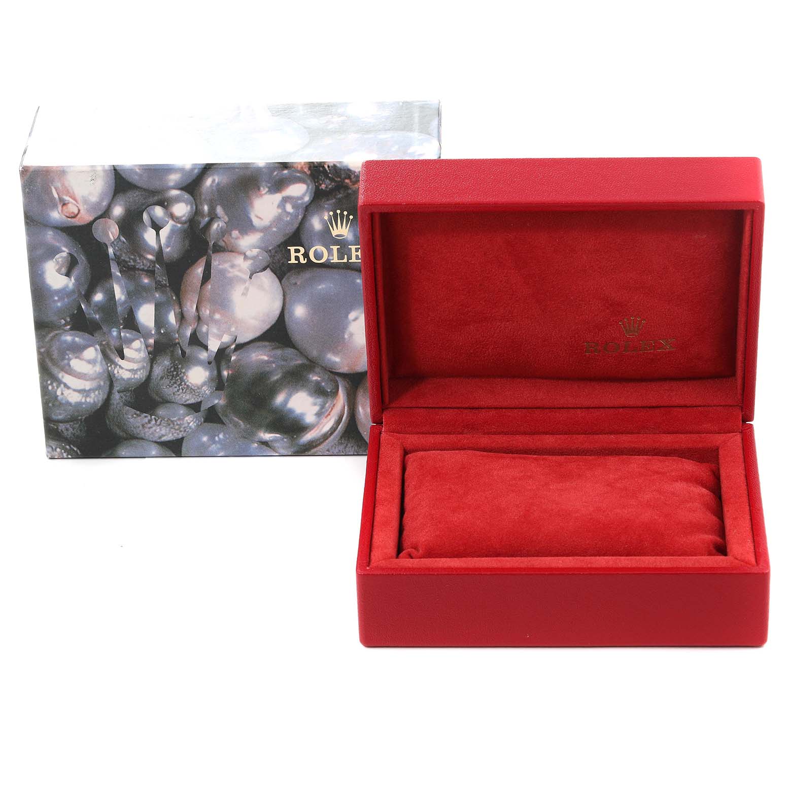 This image shows a red Rolex Datejust 69173 Women's Steel and Gold (two tone) Mother of Pearl Dial 69173 Women's Steel and Gold (two tone) Mother of Pearl Dial watch box with a matching pillow and an outer decorative cover.