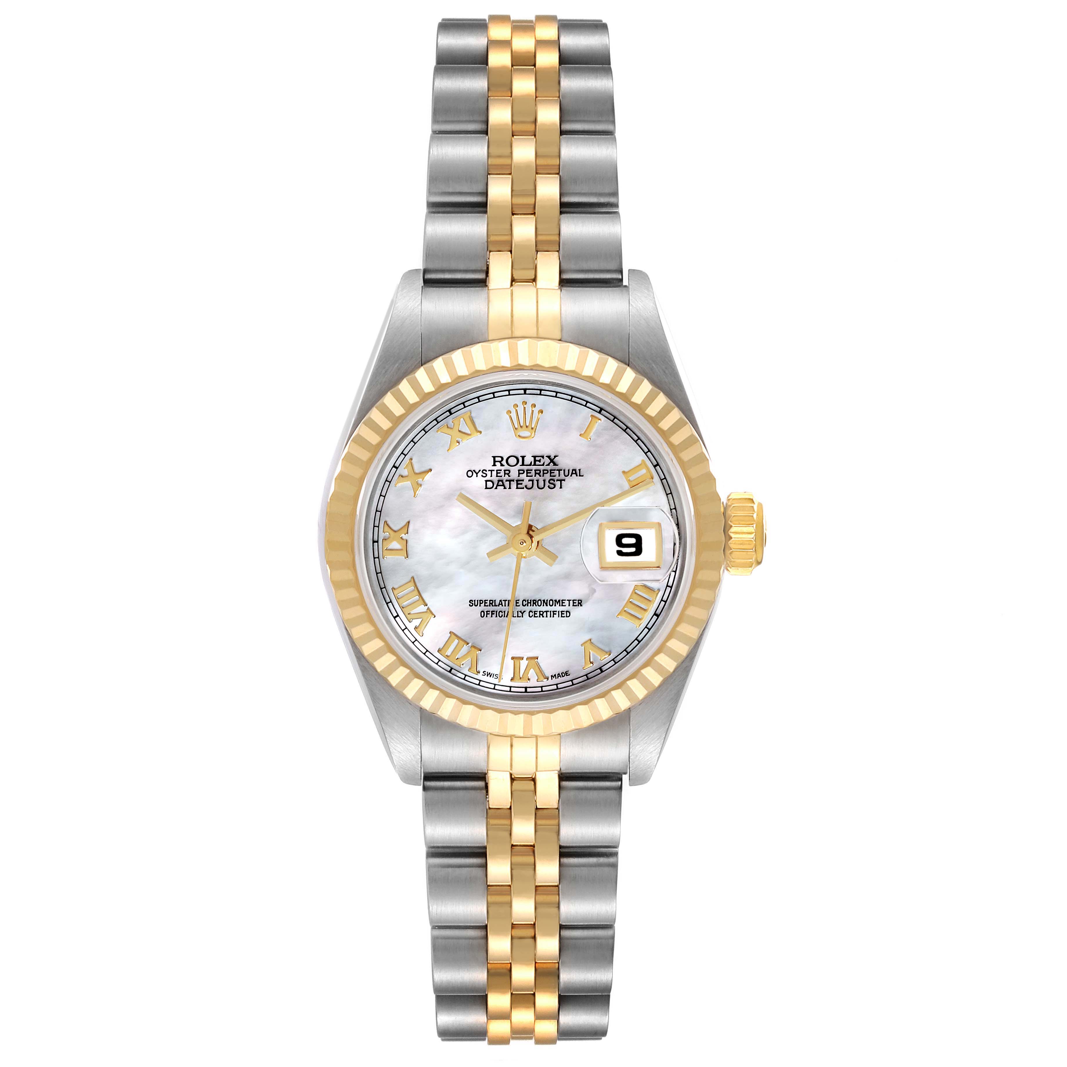This image shows a Rolex Datejust 69173 Women's Steel and Gold (two tone) Mother of Pearl Dial 69173 Women's Steel and Gold (two tone) Mother of Pearl Dial model watch from a front view, displaying its face, dial, bezel, and two-tone bracelet.