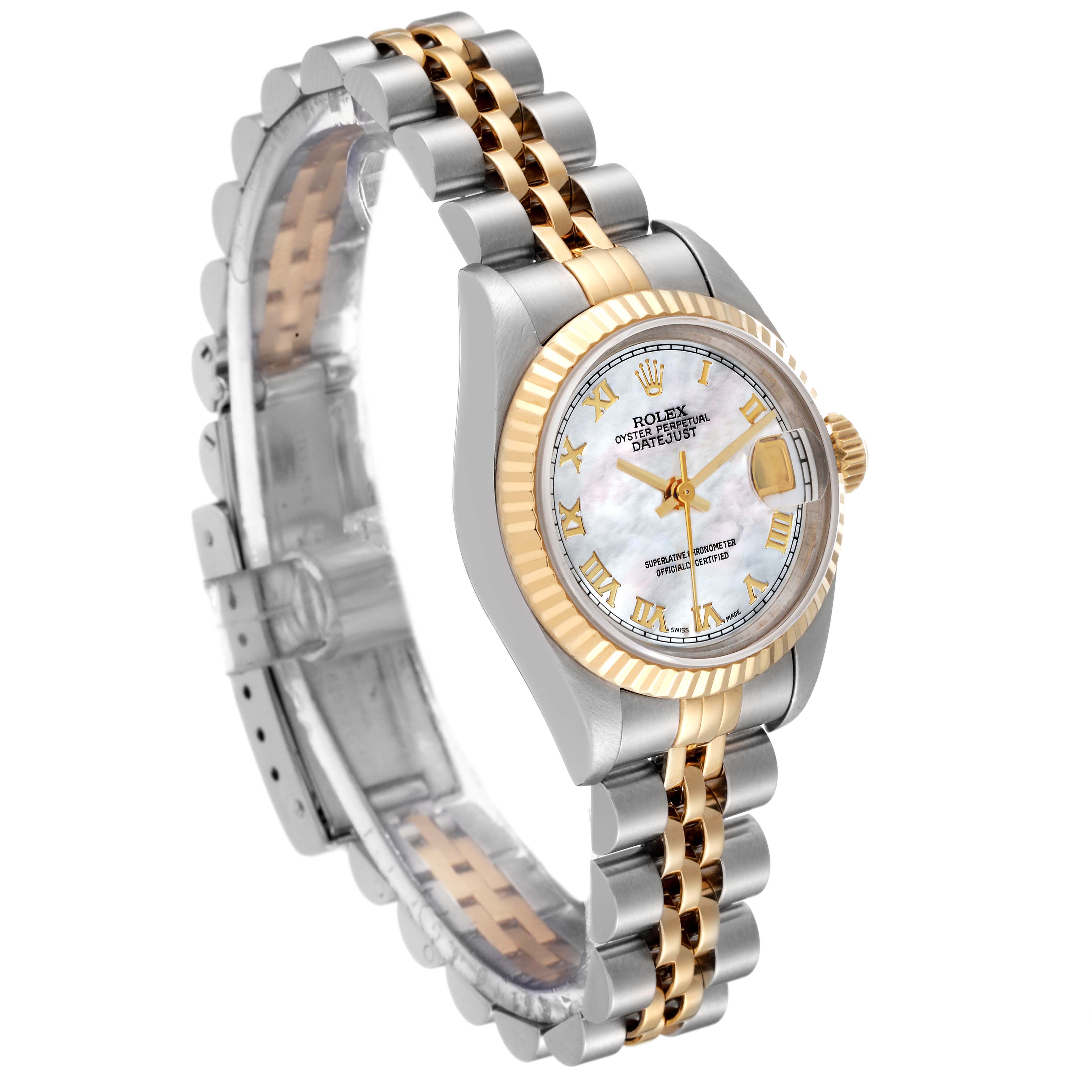 This Rolex Datejust 69173 Women's Steel and Gold (two tone) Mother of Pearl Dial 69173 Women's Steel and Gold (two tone) Mother of Pearl Dial watch is shown at a front angled view, highlighting the face, bezel, and band.