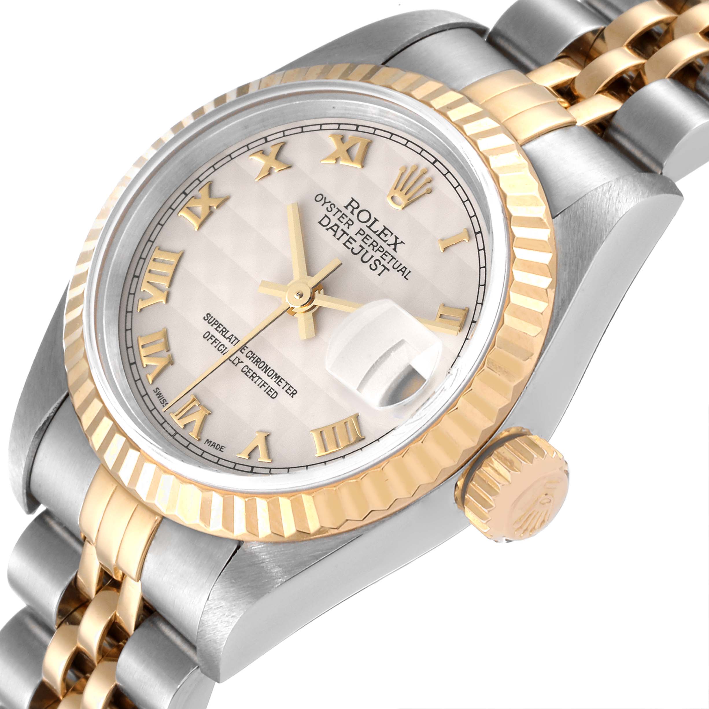 This image shows a close-up angle of the Rolex Datejust 79173 Women's Steel and Gold (two tone) Beige Dial 79173 Women's Steel and Gold (two tone) Beige Dial watch, highlighting its dial, gold bezel, crown, and part of the bracelet.