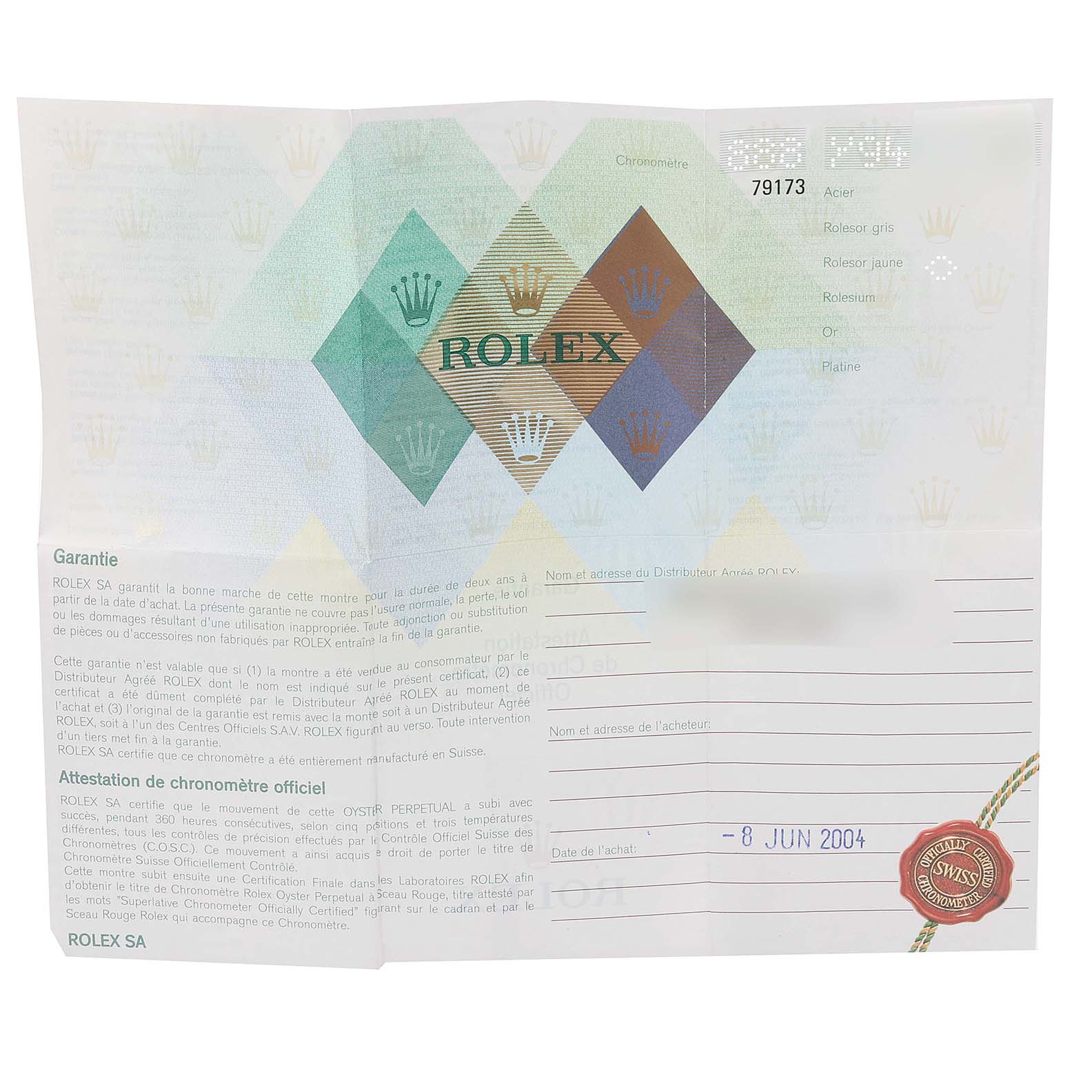 This image shows the warranty certificate for a Rolex Datejust 79173 Women's Steel and Gold (two tone) Beige Dial 79173 Women's Steel and Gold (two tone) Beige Dial watch, including text in various languages and a purchase date.