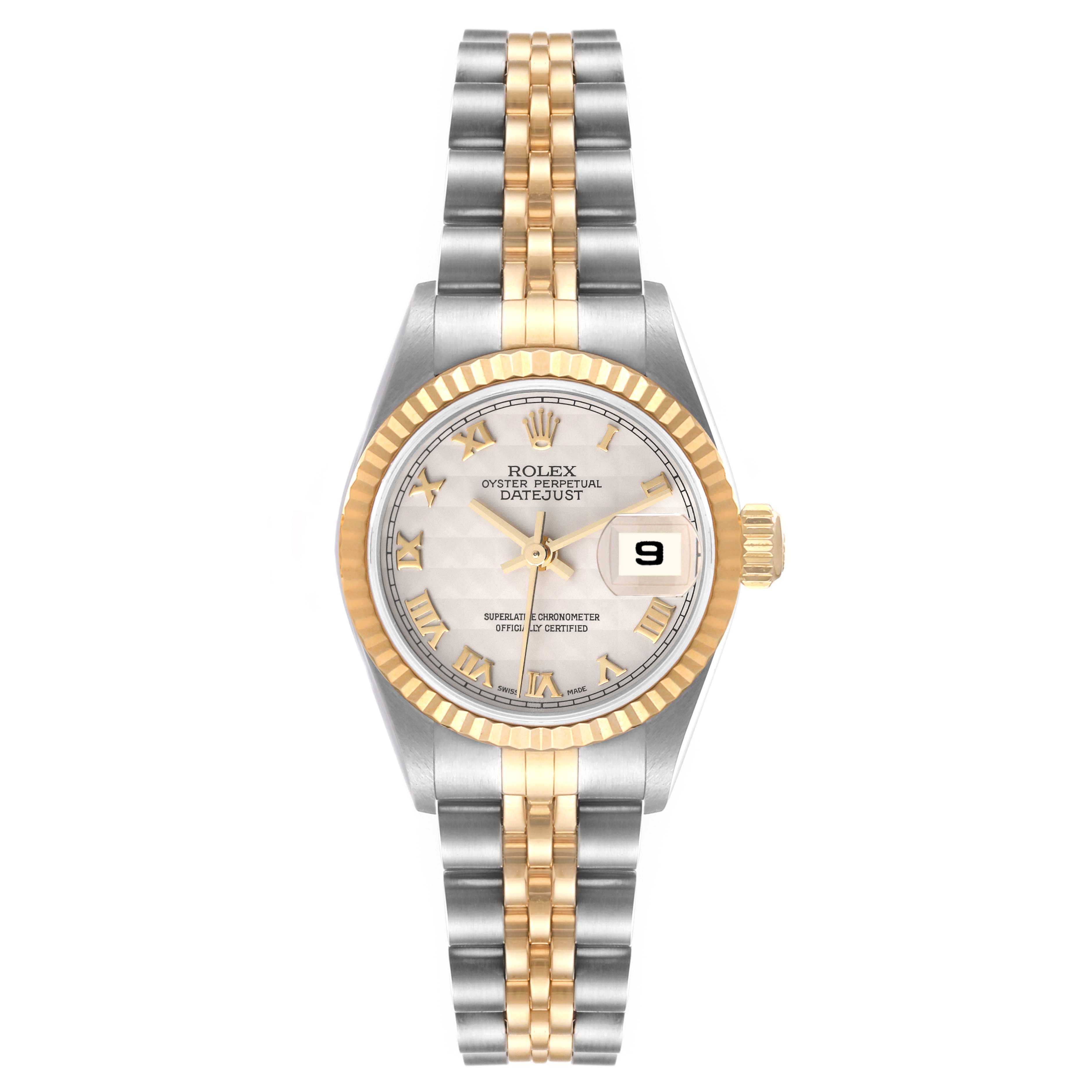 The image shows a Rolex Datejust 79173 Women's Steel and Gold (two tone) Beige Dial 79173 Women's Steel and Gold (two tone) Beige Dial watch from a top-down angle, displaying its dual-tone bracelet, dial, fluted bezel, and date window at 3 o'clock.