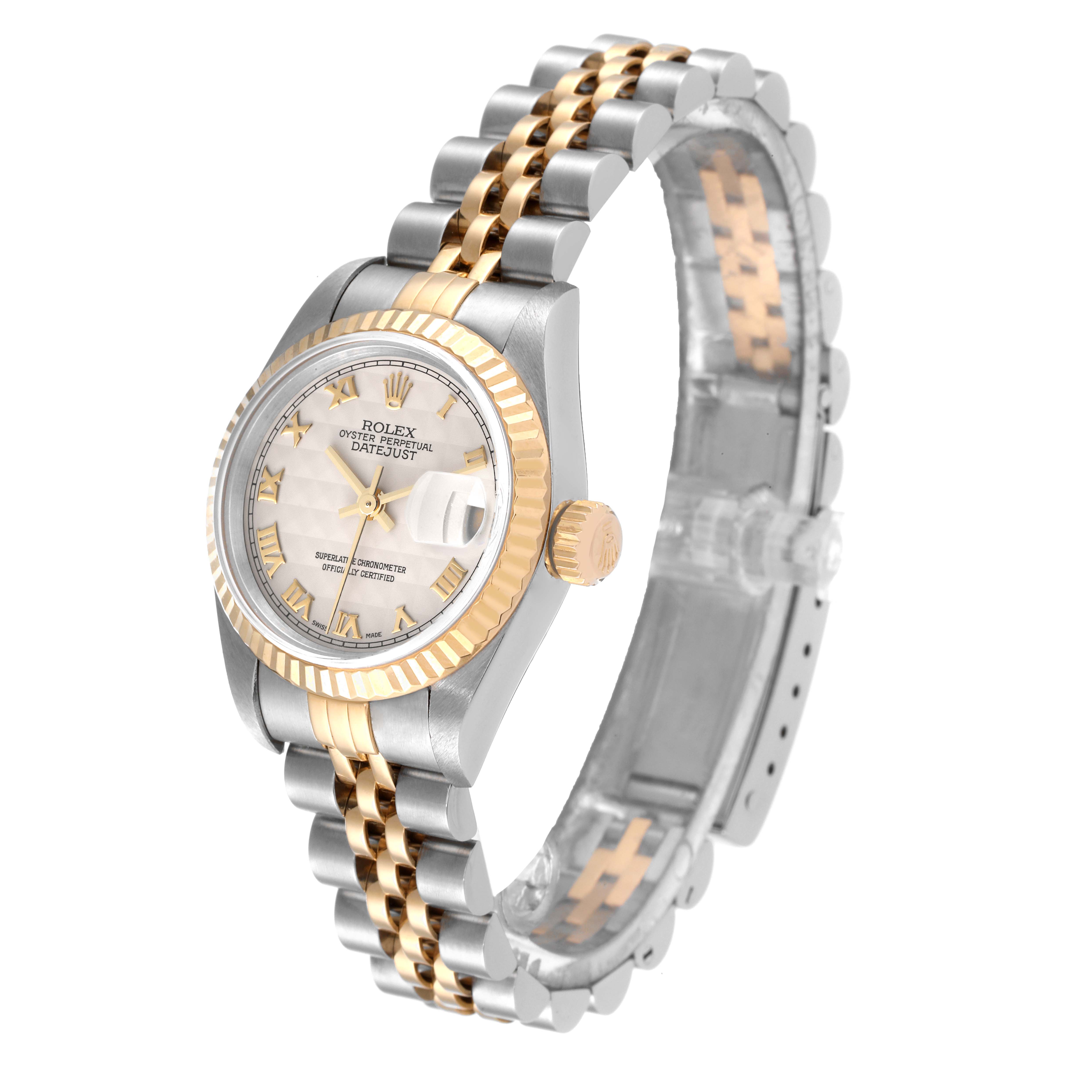 The Rolex Datejust 79173 Women's Steel and Gold (two tone) Beige Dial 79173 Women's Steel and Gold (two tone) Beige Dial watch is shown at a slight angle, displaying its face, bezel, crown, and two-tone bracelet.