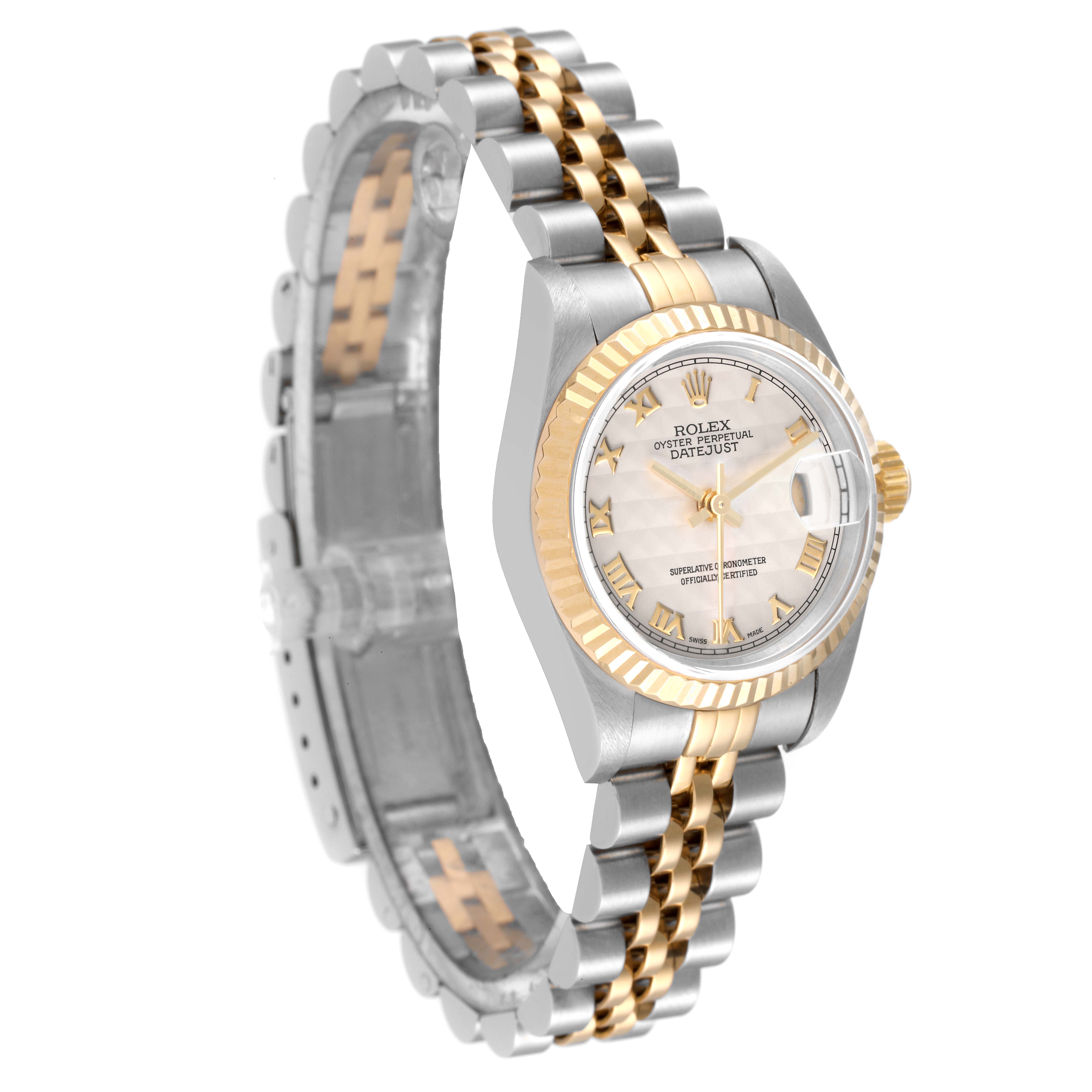 The image shows a Rolex Datejust 79173 Women's Steel and Gold (two tone) Beige Dial 79173 Women's Steel and Gold (two tone) Beige Dial watch, highlighting the face, bezel, crown, and band from a three-quarter angle.