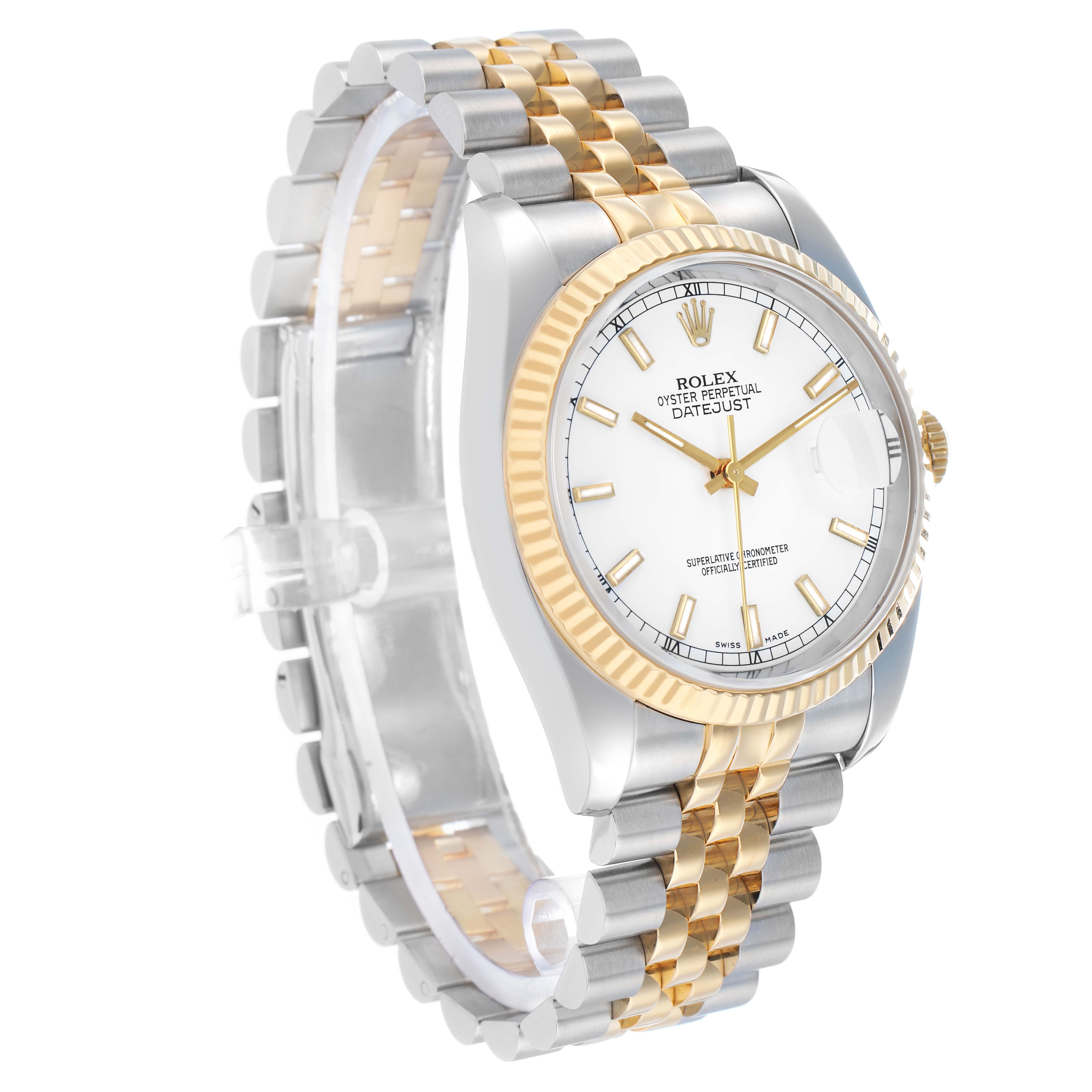 The Rolex Datejust 116233 Men's Steel and Gold (two tone) White Dial watch is shown at a three-quarter angle, highlighting the dial, bezel, and two-tone bracelet.