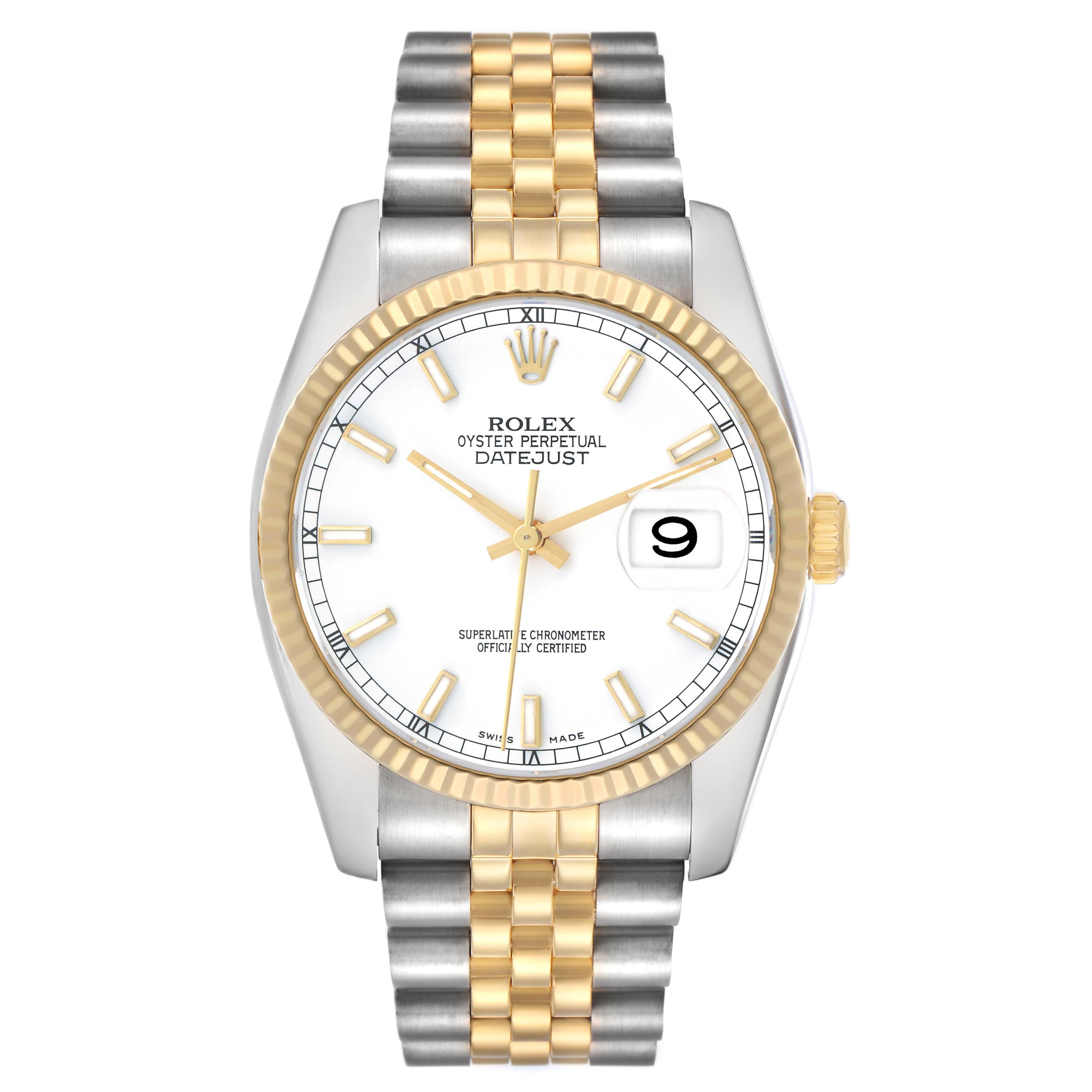 The Rolex Datejust 116233 Men's Steel and Gold (two tone) White Dial watch is shown from the front, highlighting the face, bezel, bracelet, and crown.