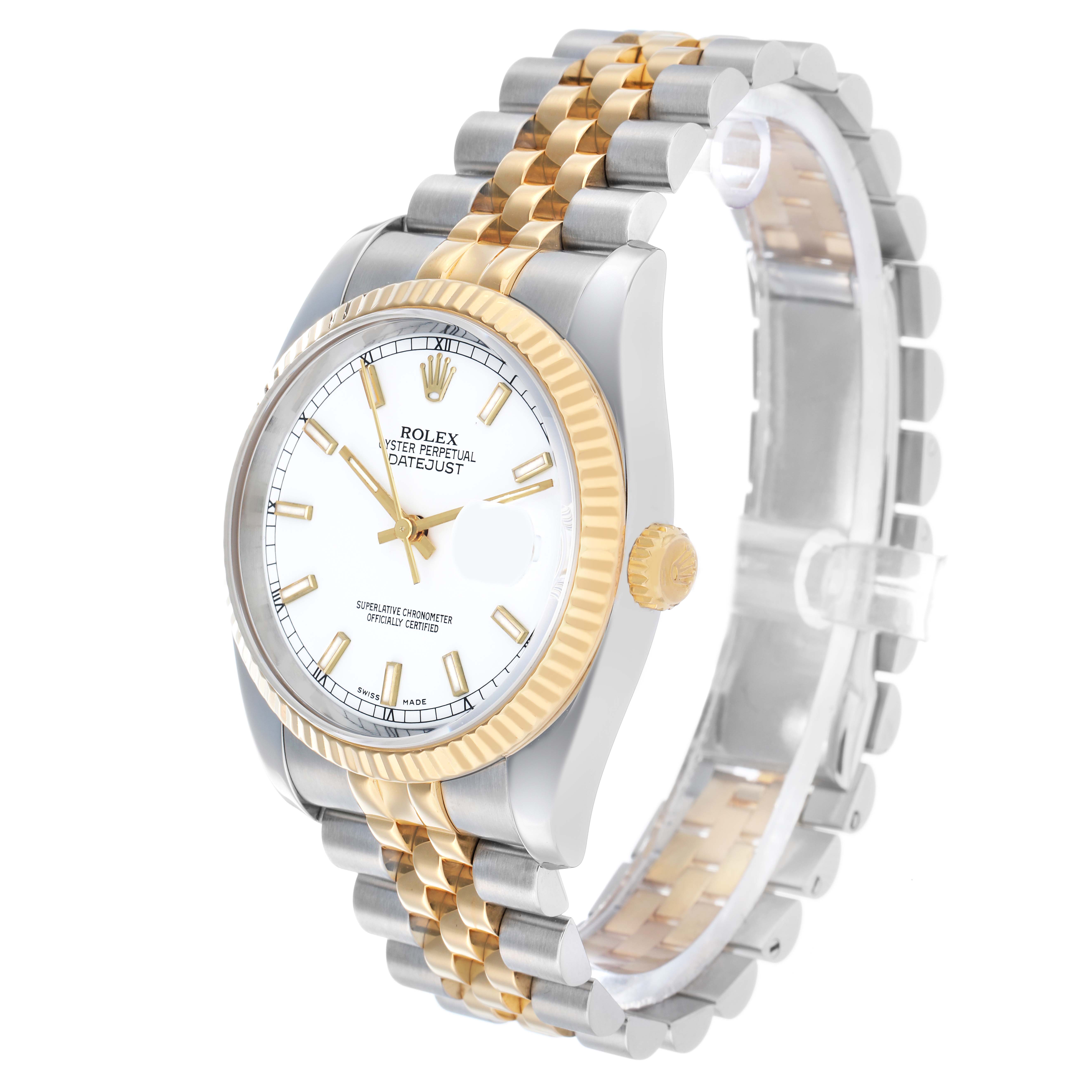 This Rolex Datejust 116233 Men's Steel and Gold (two tone) White Dial is shown at a side angle, displaying the dial, fluted bezel, two-tone bracelet, and crown.