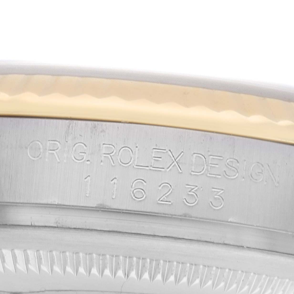 The image shows a close-up of the case side with engraved model details of a Rolex Datejust 116233 Men's Steel and Gold (two tone) White Dial.