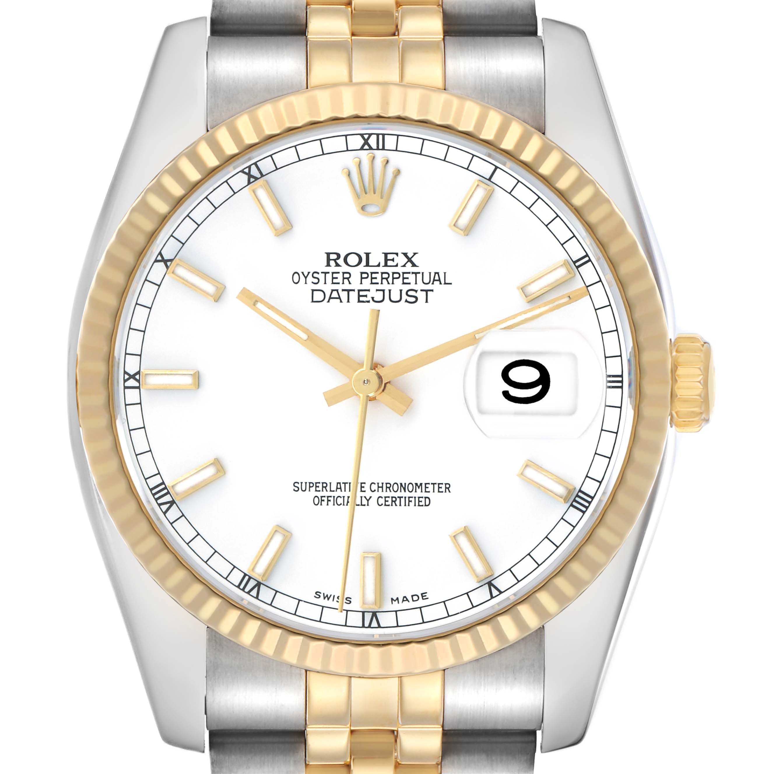 The image shows a frontal view of a Rolex Datejust 116233 Men's Steel and Gold (two tone) White Dial, highlighting the dial, fluted bezel, and Jubilee bracelet.