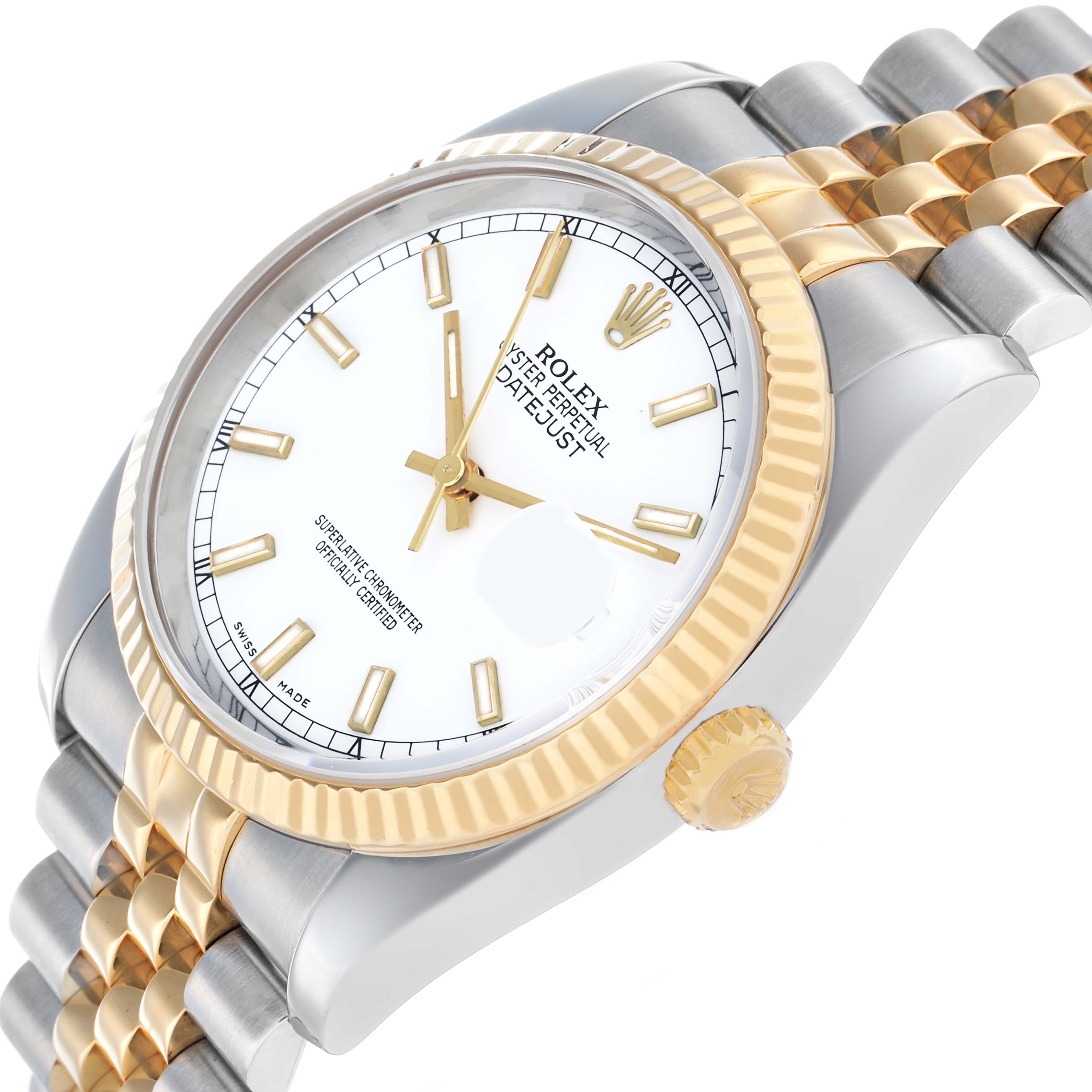 The Rolex Datejust 116233 Men's Steel and Gold (two tone) White Dial watch is shown at an angled side view highlighting the dial, bezel, crown, and part of the bracelet.