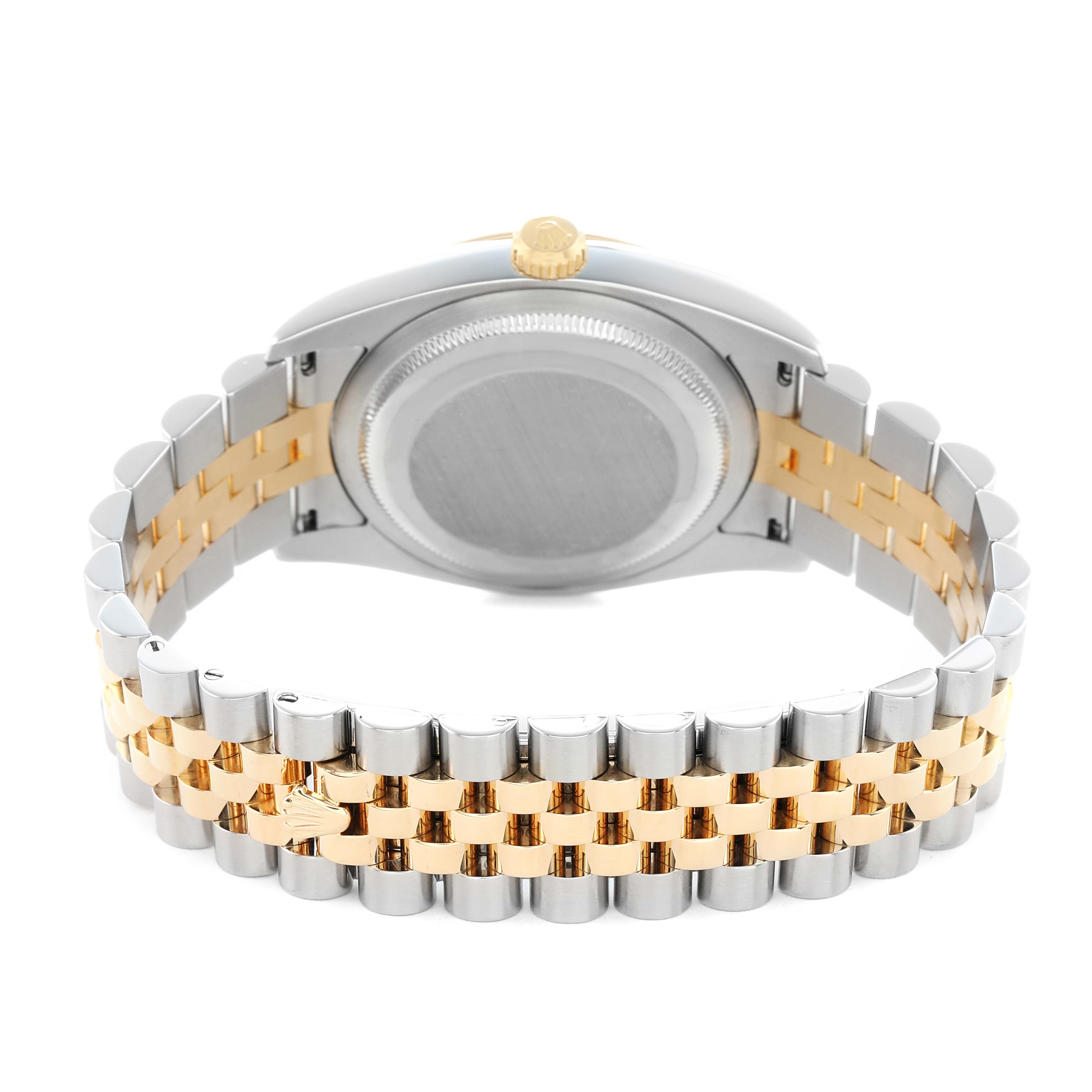 The image shows the back case and bracelet of a Rolex Datejust 116233 Men's Steel and Gold (two tone) White Dial, highlighting its two-tone metal links.
