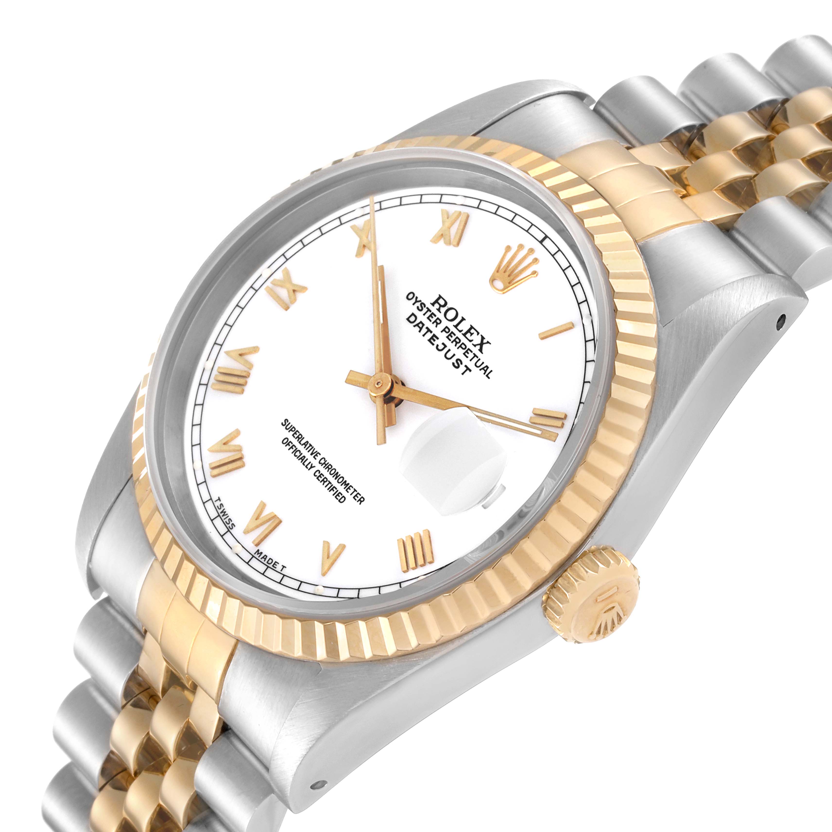 The image shows a Rolex Datejust 16233 Men's Steel and Gold (two tone) White Dial 16233 Men's Steel and Gold (two tone) White Dial watch from an angled perspective, highlighting the dial, bezel, crown, and part of the bracelet.