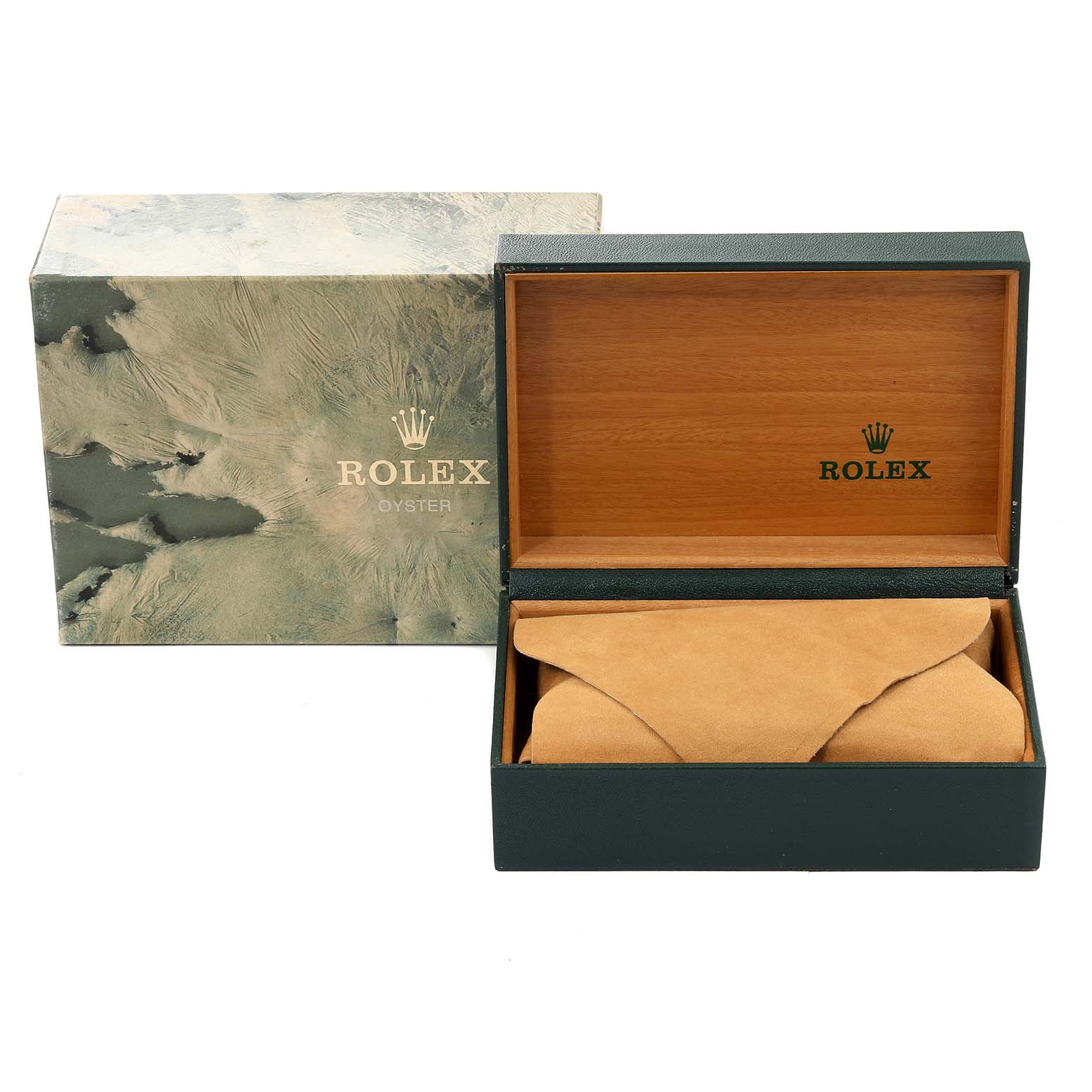 The image shows a Rolex Datejust 16233 Men's Steel and Gold (two tone) White Dial 16233 Men's Steel and Gold (two tone) White Dial watch box and its packaging, including an outer box, inner wooden box, and a suede pouch.