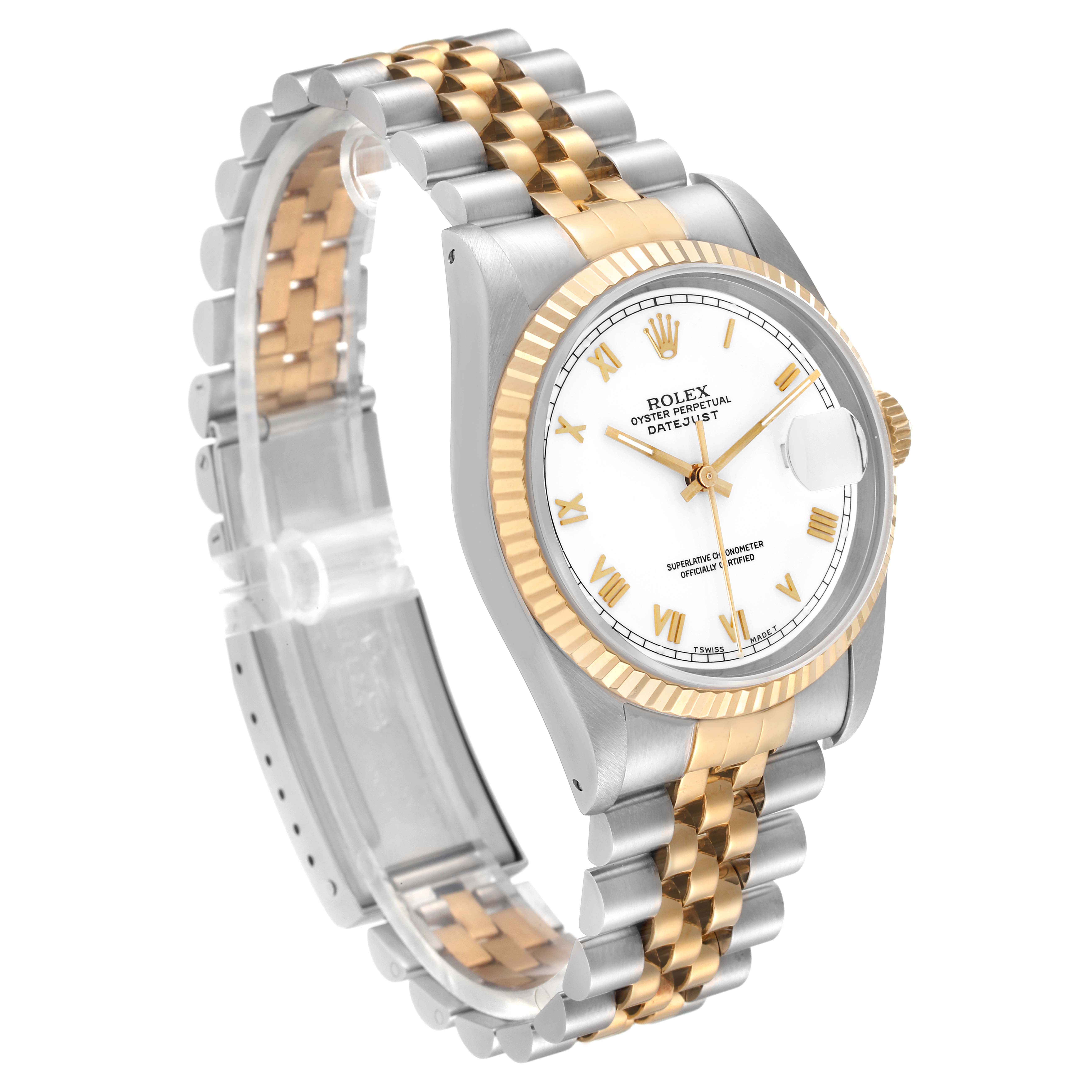 This image shows a Rolex Datejust 16233 Men's Steel and Gold (two tone) White Dial 16233 Men's Steel and Gold (two tone) White Dial watch at an angled side view, highlighting the dial, bezel, bracelet, and clasp.