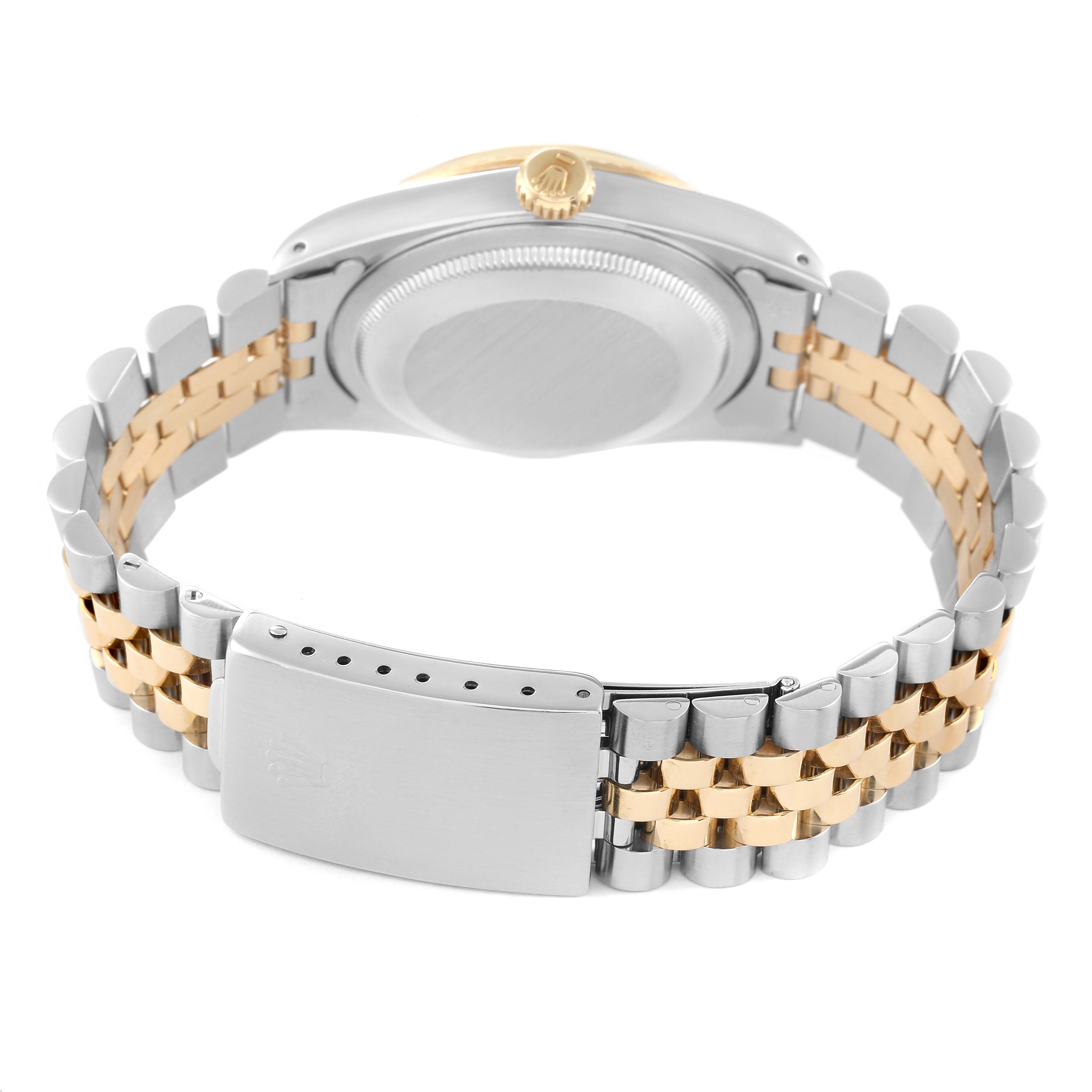 This image shows the back view of the Rolex Datejust 16233 Men's Steel and Gold (two tone) White Dial 16233 Men's Steel and Gold (two tone) White Dial watch, highlighting the case back and two-tone bracelet with the clasp.