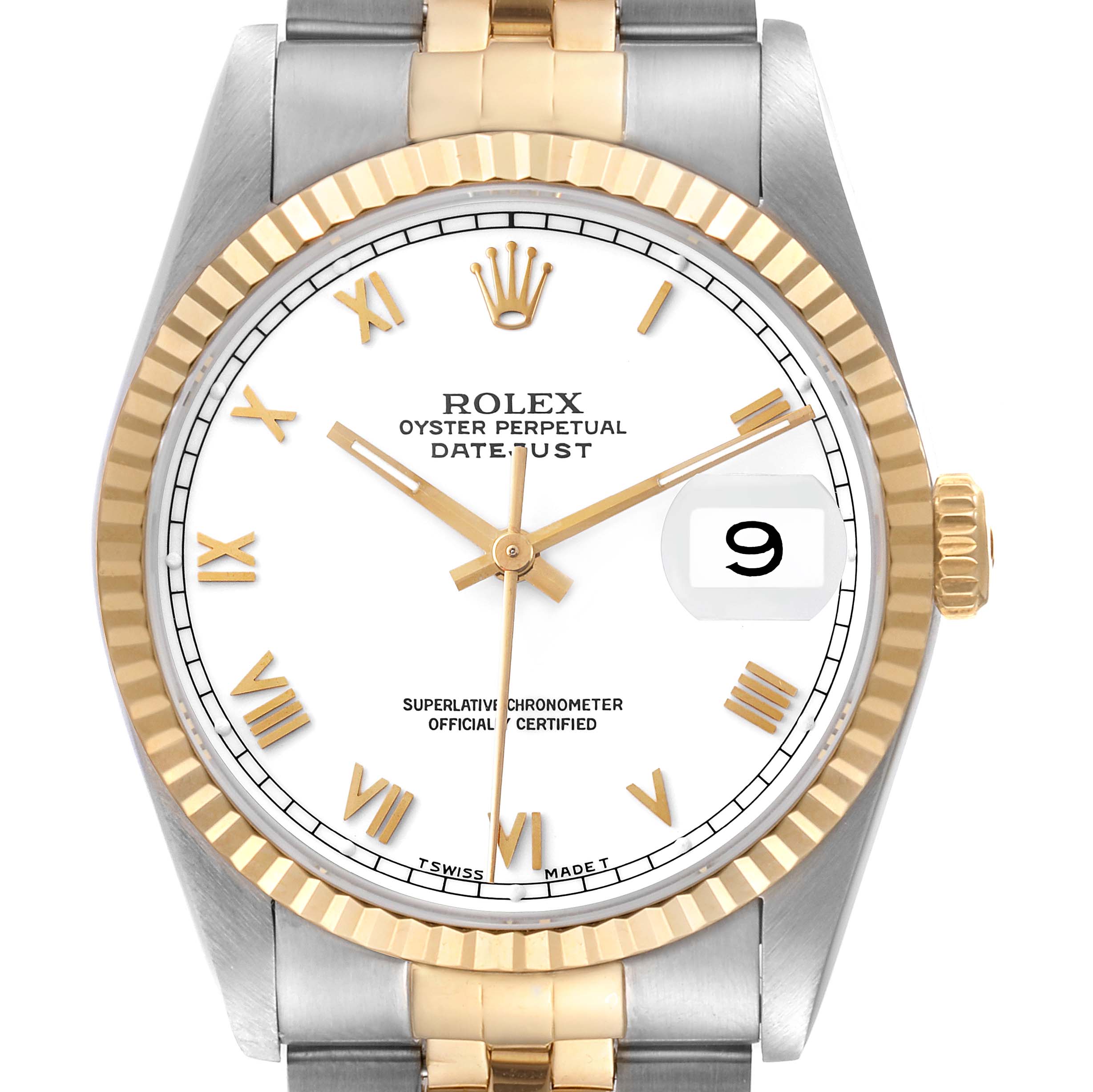 This image shows a front view of a Rolex Datejust 16233 Men's Steel and Gold (two tone) White Dial 16233 Men's Steel and Gold (two tone) White Dial watch, featuring a two-tone bracelet, white dial, and date window with Cyclops lens.