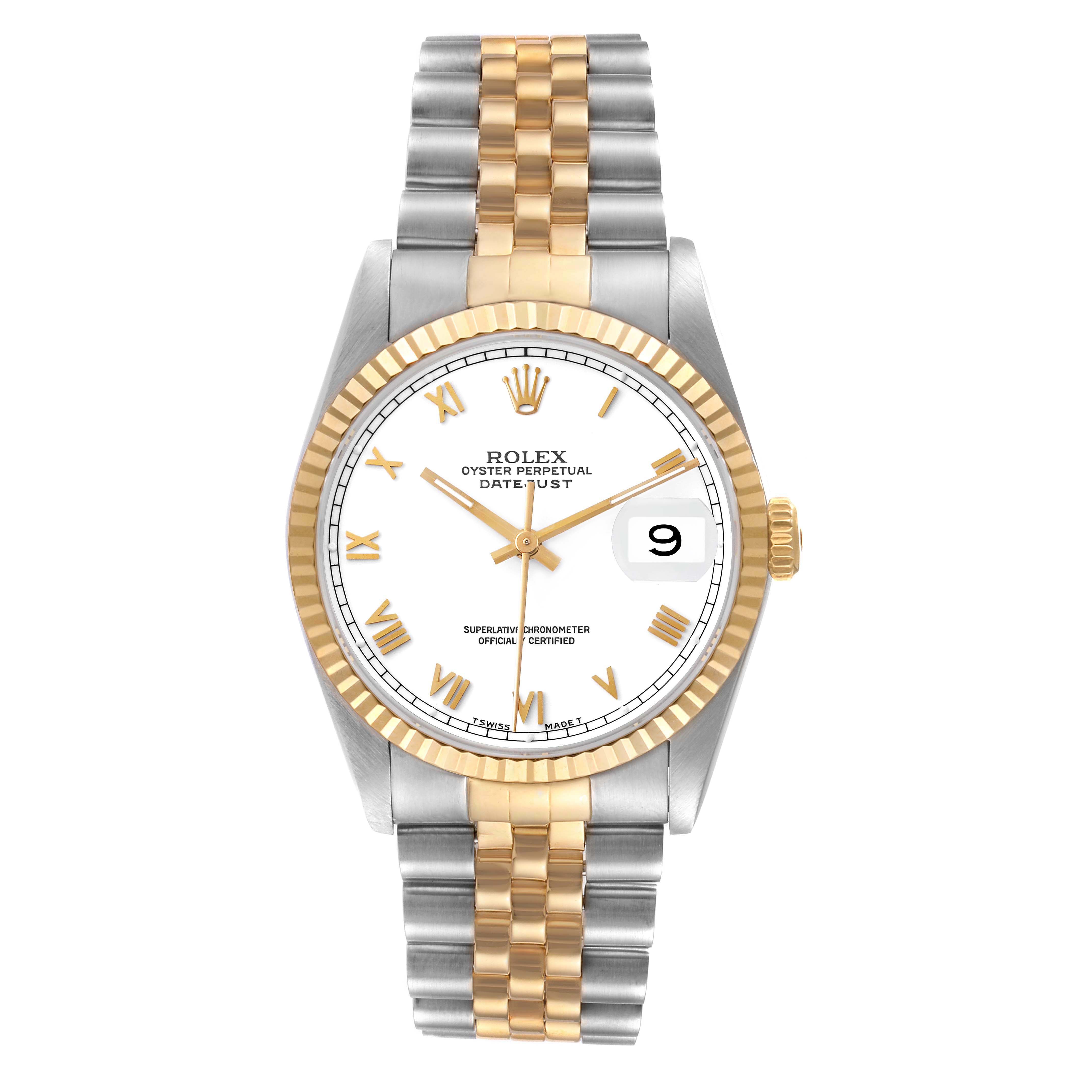 The image shows a front view of the Rolex Datejust 16233 Men's Steel and Gold (two tone) White Dial 16233 Men's Steel and Gold (two tone) White Dial watch, highlighting the dial, fluted bezel, and two-tone bracelet.